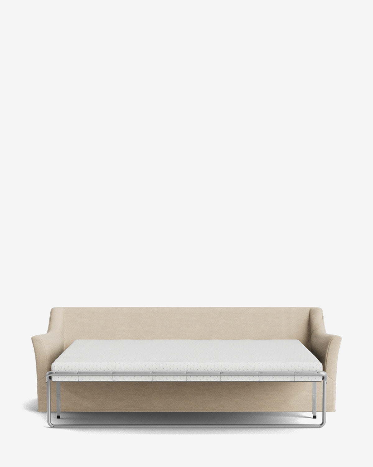 The Wilhelmina Slipcover King Sleeper Sofa in beige is displayed with its mattress extended, showcasing a metal frame and a modern, minimalist design against a plain white background by McGee & Co.