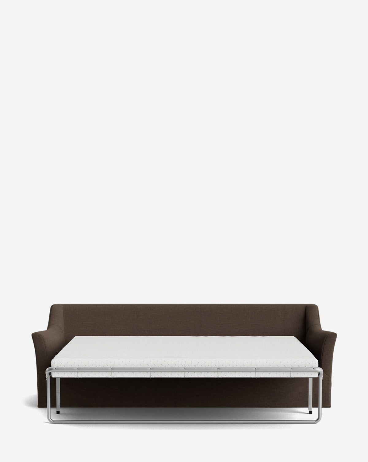 The Wilhelmina Slipcover King Sleeper Sofa, shown in dark brown with its pull-out mattress extended, provides a comfortable bed solution against a plain white background, by McGee & Co.