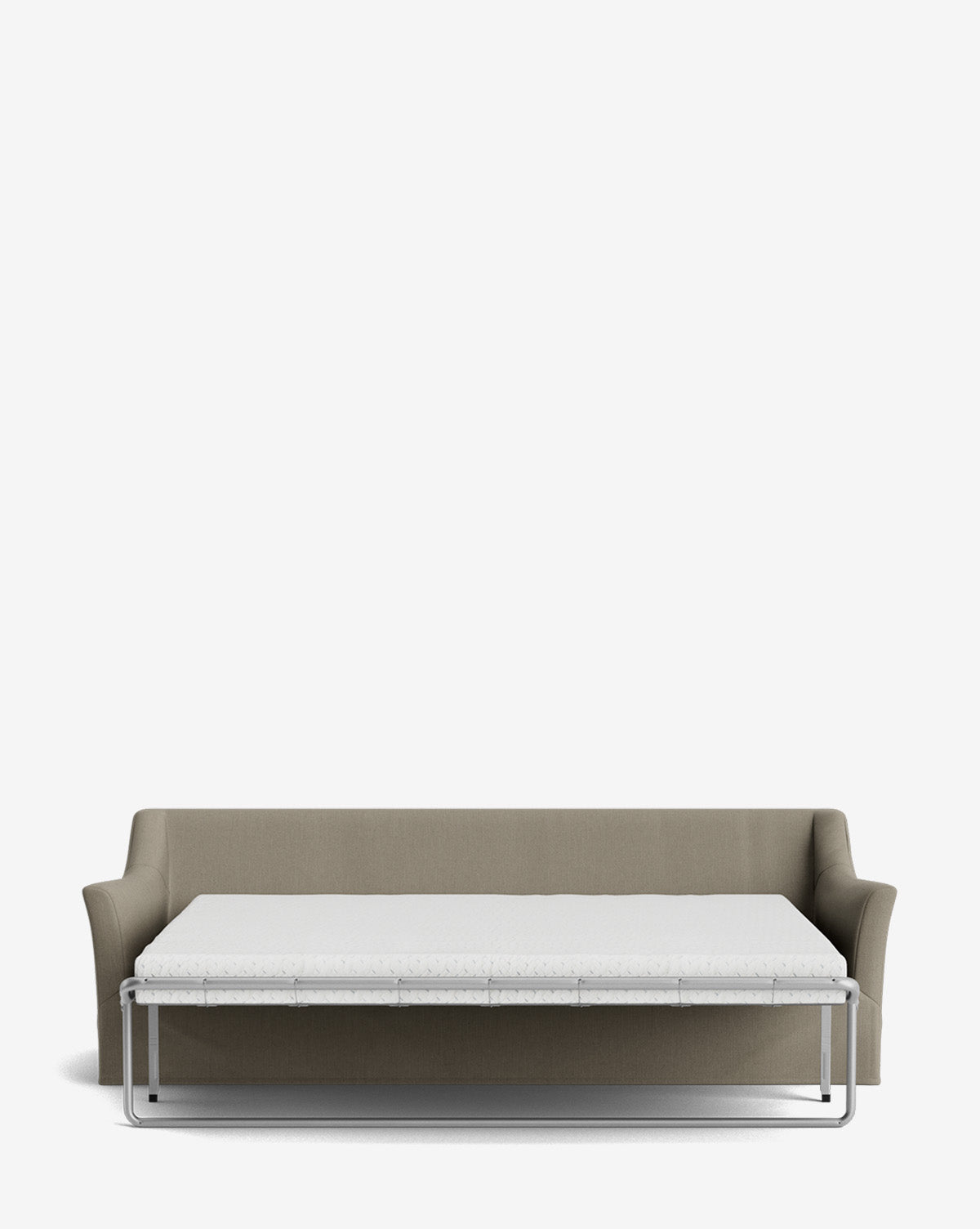 The Wilhelmina Slipcover King Sleeper Sofa, shown against a white background, features gray upholstery and an extended pull-out bed frame with mattress, delivering both style and a comfortable guest bed, by McGee & Co.