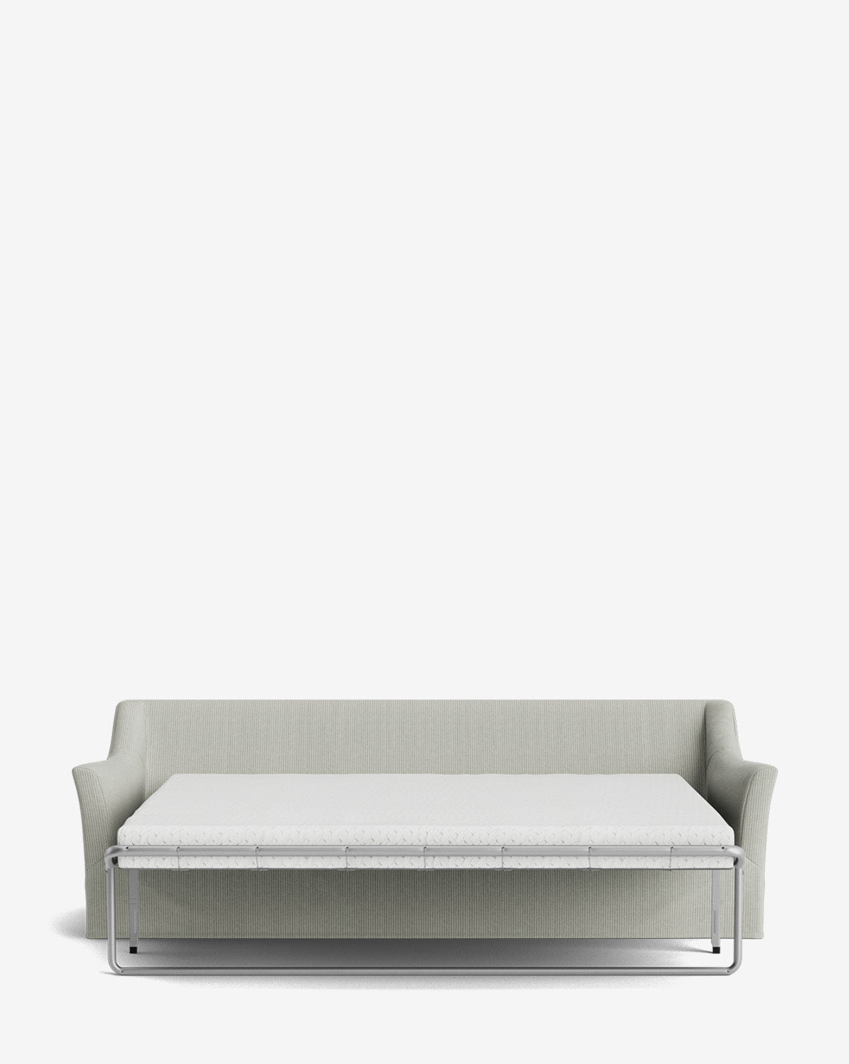 The Wilhelmina Slipcover King Sleeper Sofa, in light grey with slim arms, is shown against a white background with its fold-out bed extended and the comfortable mattress visible, by McGee & Co.