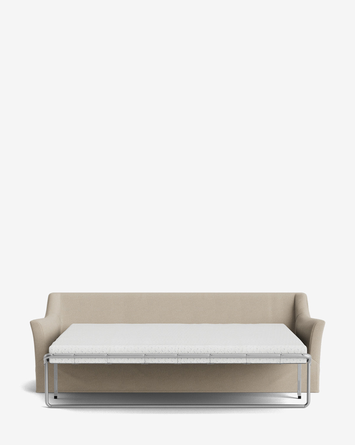 The Wilhelmina Slipcover King Sleeper Sofa in beige features armrests and a metal frame supporting a comfortable bed, displayed open against a plain white background by McGee & Co.