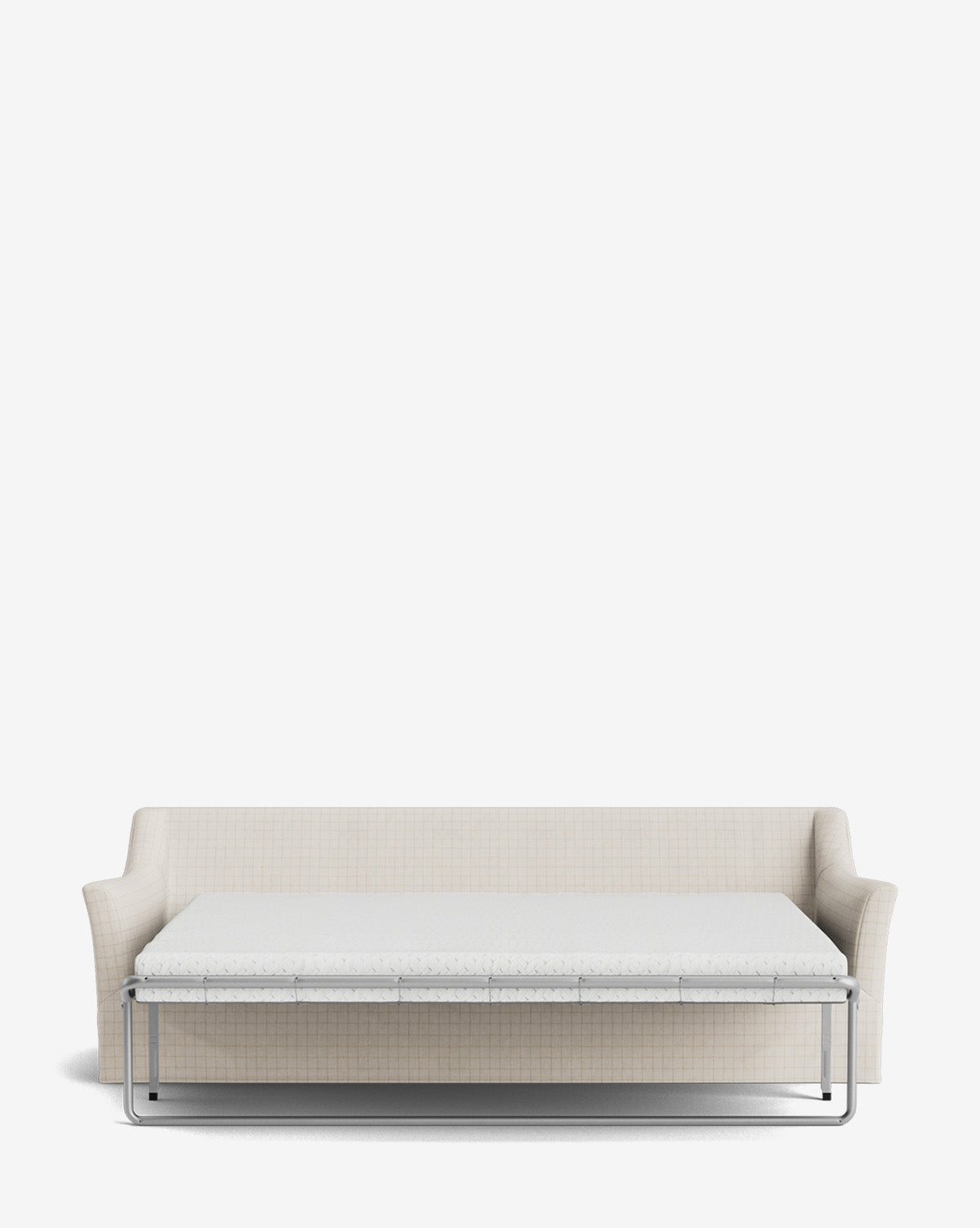 The Wilhelmina Slipcover King Sleeper Sofa, upholstered in beige with slim metal legs, is shown fully extended into a bed, displaying its backrest and armrests against a plain white background, by McGee & Co.