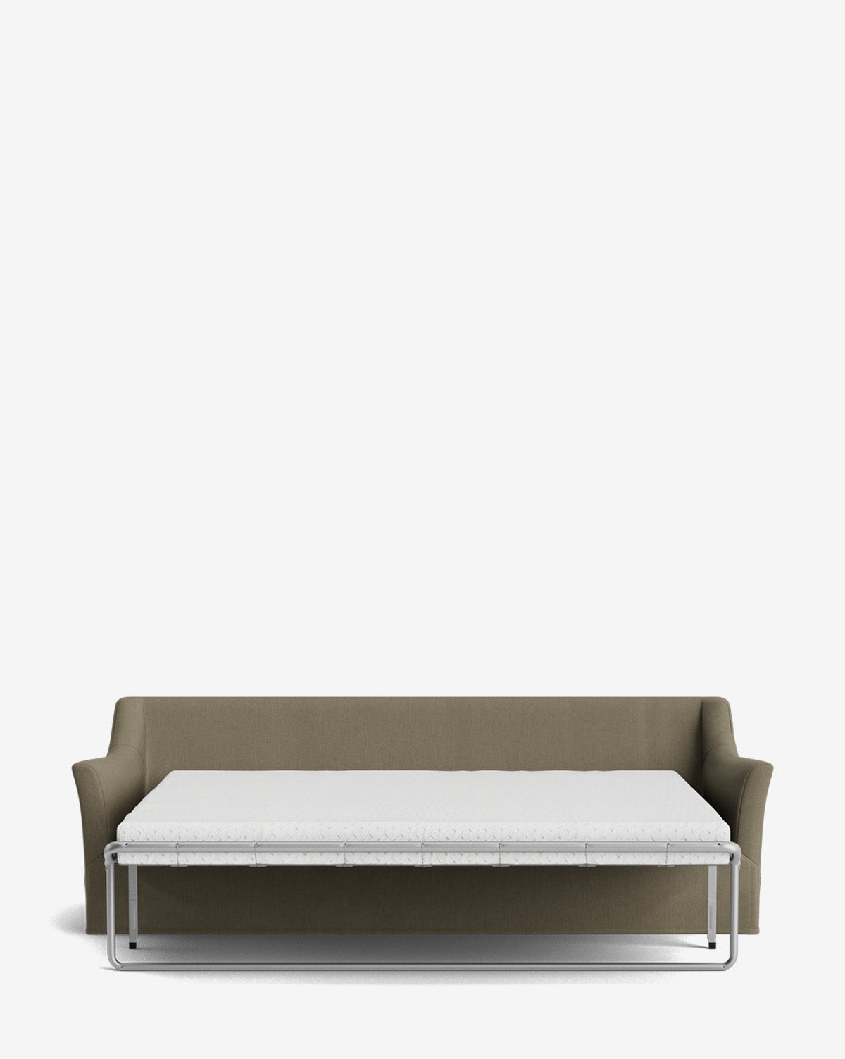 The Wilhelmina Slipcover King Sleeper Sofa in olive green features arms and a modern design, shown from the front with the bed extended. A white mattress rests on a metal frame, all set against a plain white background to showcase its sleek look, by McGee & Co.