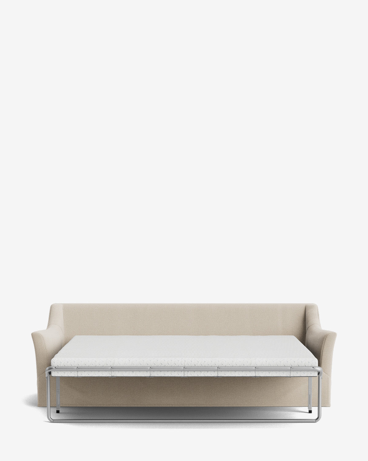 The Wilhelmina Slipcover King Sleeper Sofa in beige features low arms, a pull-out mattress, and a minimalist metal bed frame, shown extended from the front against a plain white background by McGee & Co.