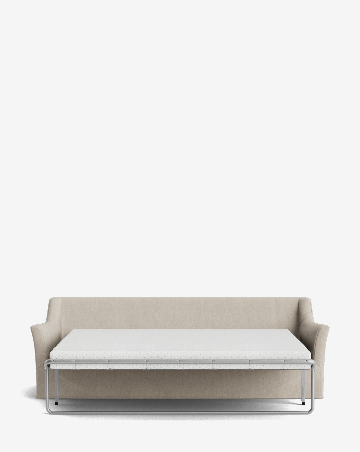 The Wilhelmina Slipcover King Sleeper Sofa, in beige with slim armrests, is shown unfolded as a bed with a metal-supported mattress, set against a plain white background, by McGee & Co.