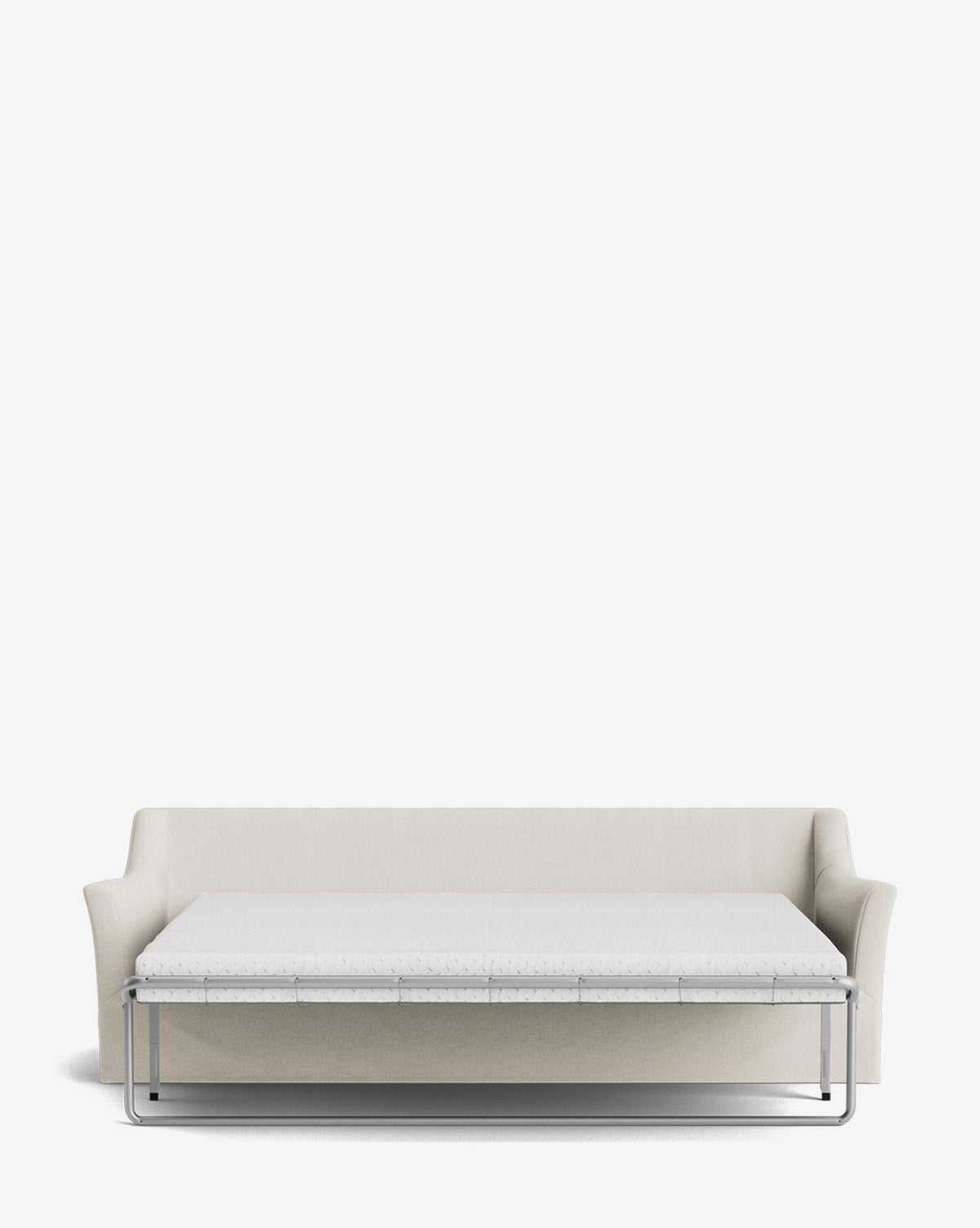 The Wilhelmina Slipcover King Sleeper Sofa in modern beige, with armrests, is fully extended as a bed. It features a sturdy metal frame, a white mattress, and is set against a plain white background, by McGee & Co.