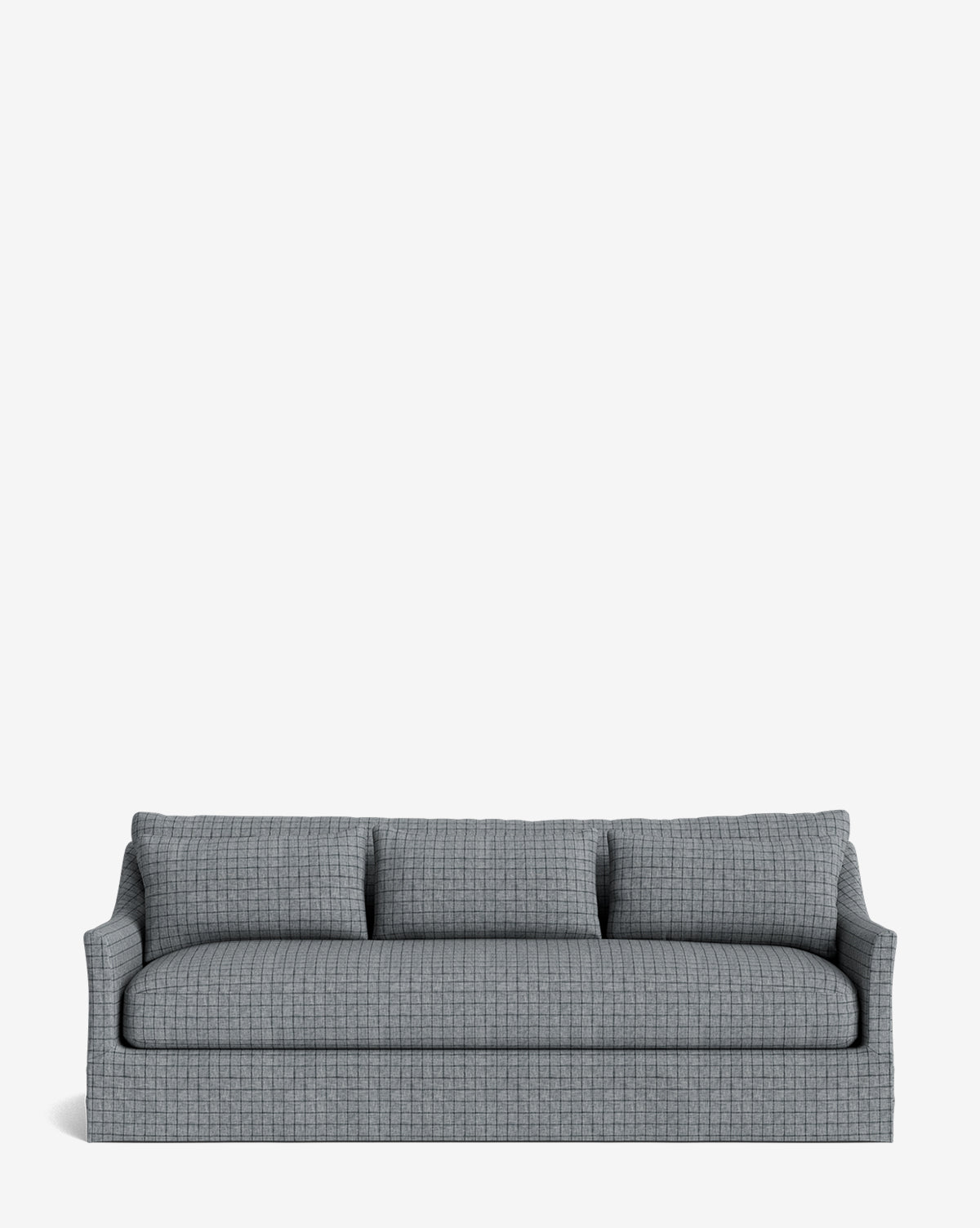 The Wilhelmina Classic Slipcover Sofa (85-110) is a gray, three-cushion traditional sofa with a subtle checkered pattern, three backrest pillows, and slightly flared armrests, shown against a plain white background by McGee & Co.