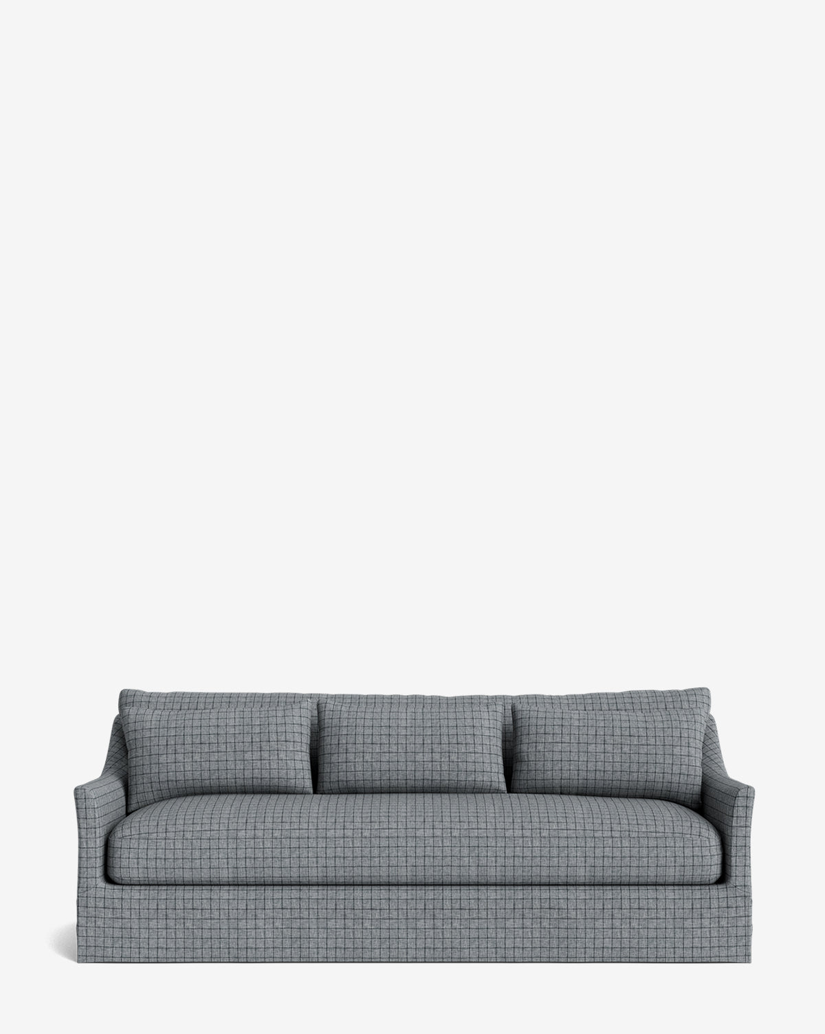 The Wilhelmina Classic Slipcover Sofa (85-110) features a modern grey design with a subtle square pattern, three seat cushions, three backrest pillows, and low armrests—luxurious comfort for any space against a plain white backdrop, by McGee & Co.