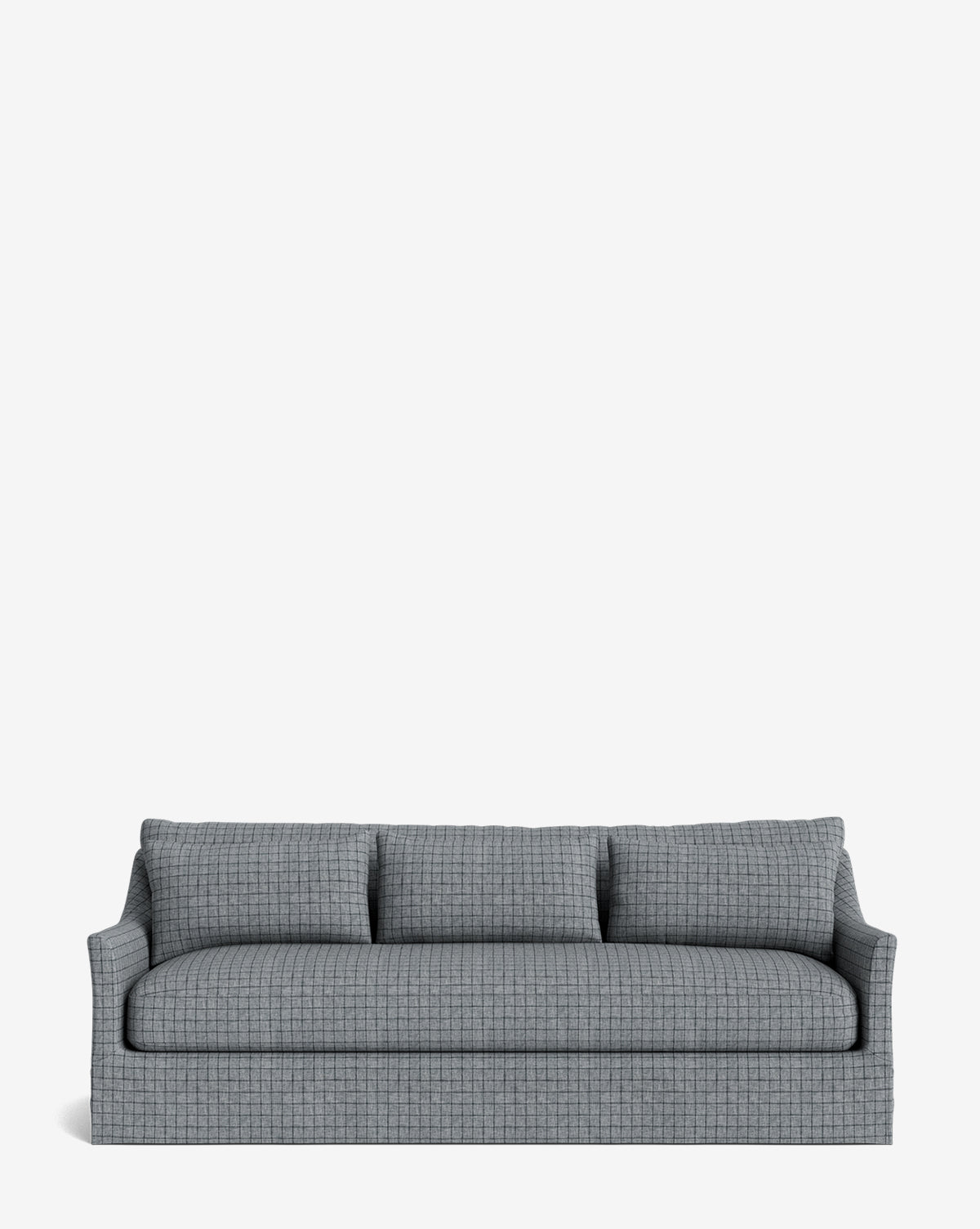 The Wilhelmina Classic Slipcover Sofa (85-110) features gray upholstery with a subtle checkered pattern, straight arms, and three matching back cushions, displayed on a plain white background for an elegant look, by McGee & Co.