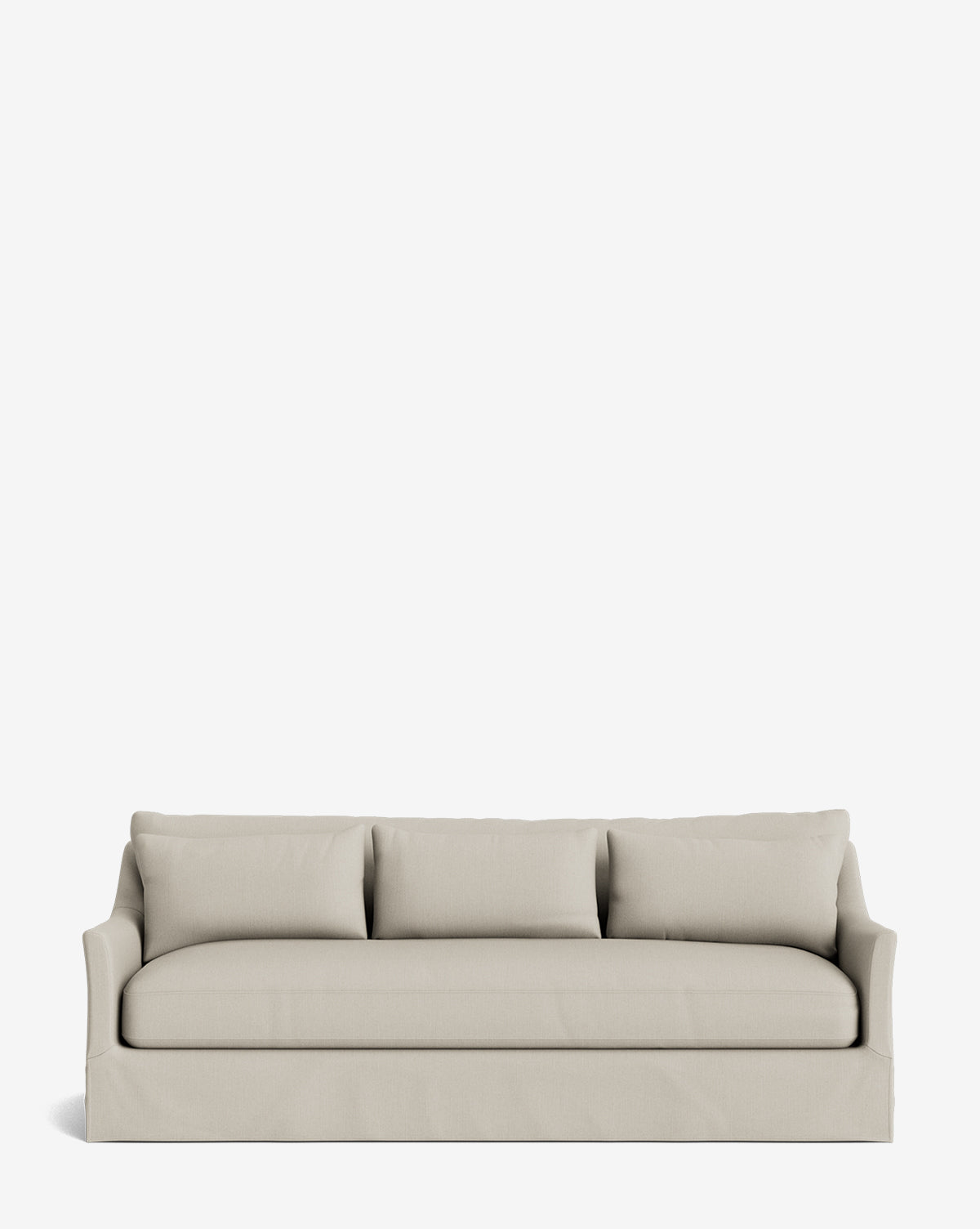 The Wilhelmina Deep Slipcover Sofa (85-110) features a beige three-seat design with three back cushions and a soft, streamlined silhouette, providing luxurious comfort against a plain white background by McGee & Co.