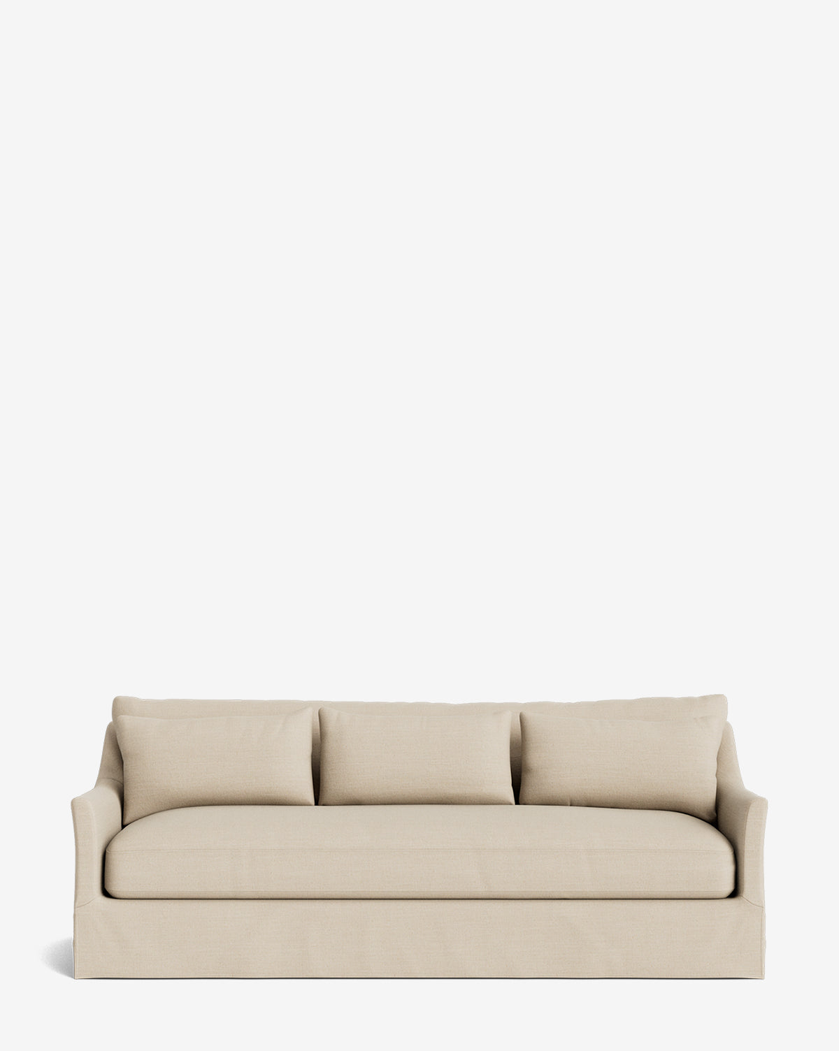 The Wilhelmina Deep Slipcover Sofa (85-110) is a beige, three-seat sofa with three back cushions and slightly flared arms, shown against a plain white background by McGee & Co.