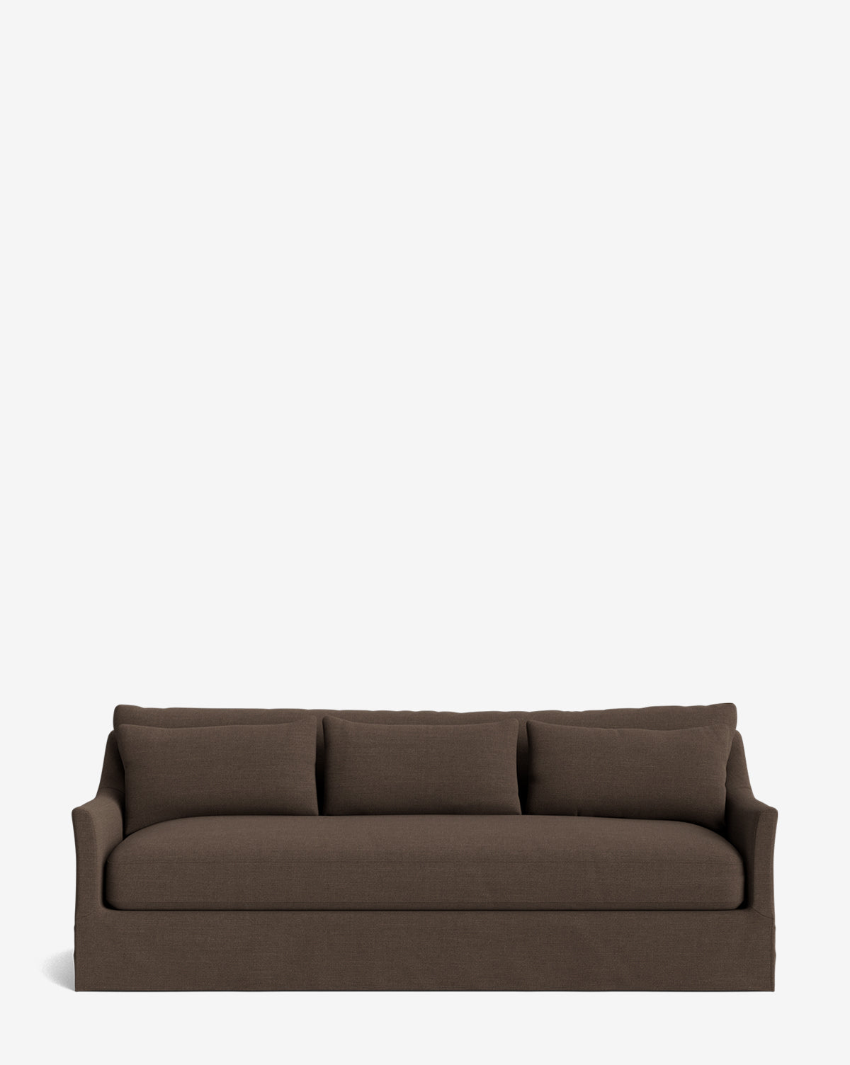 The Wilhelmina Classic Slipcover Sofa (85-110) is a dark brown, three-seater with three back cushions and slightly flared armrests, shown against a plain white background, by McGee & Co.