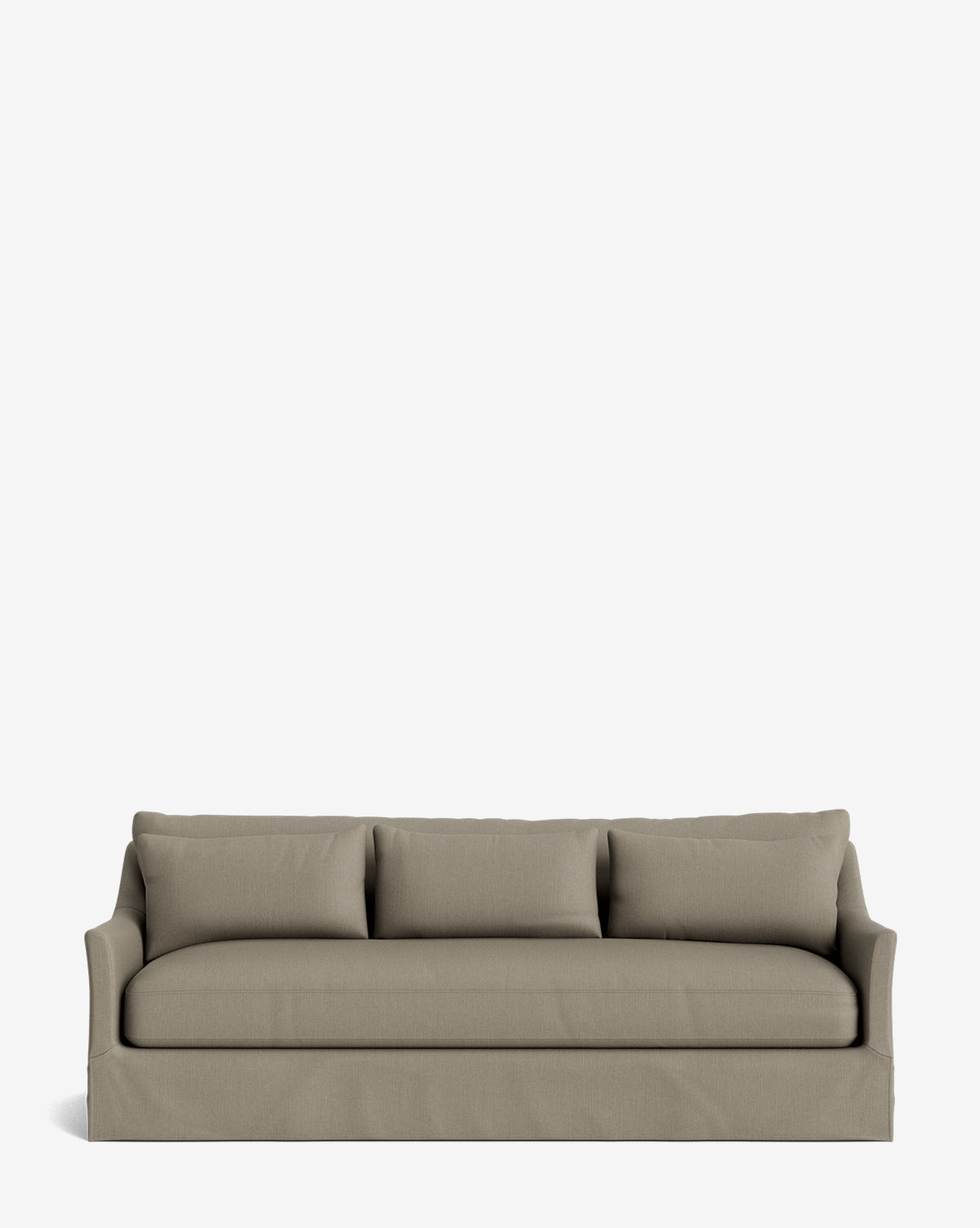 The Wilhelmina Classic Slipcover Sofa (85-110) is a modern, light brown sofa featuring three seat cushions and matching back pillows. Its tailored, minimalist design with straight arms offers luxurious comfort and effortless style against a white background, by McGee & Co.