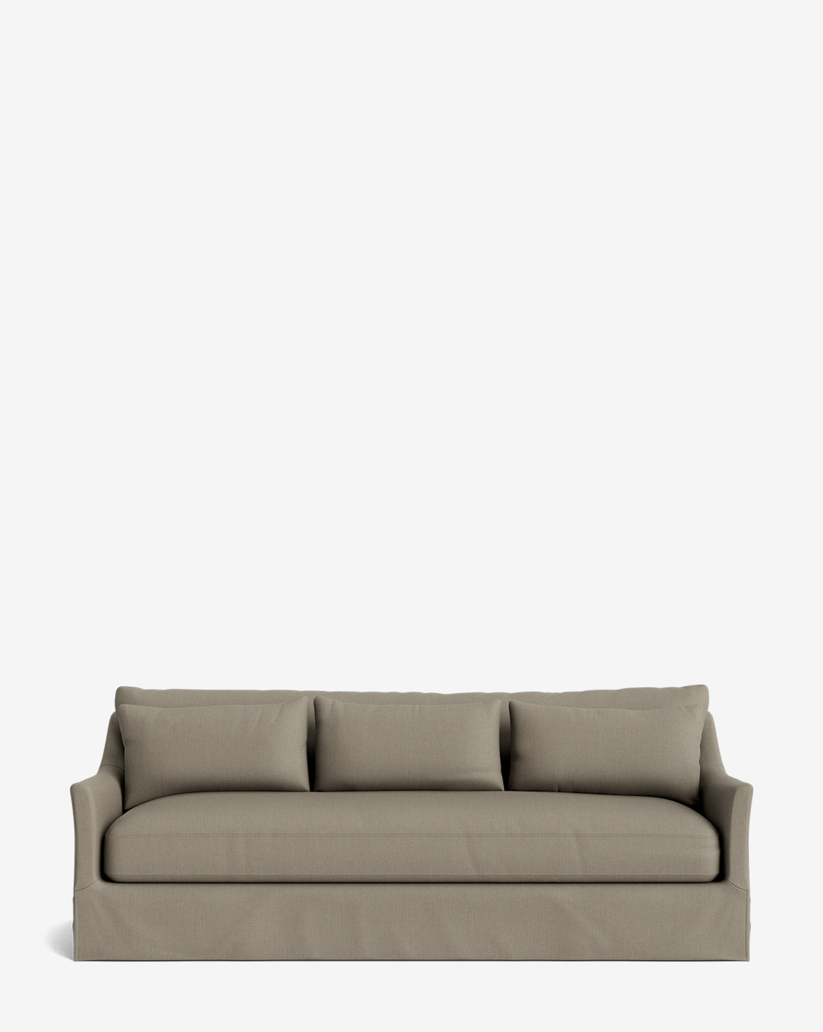 The Wilhelmina Deep Slipcover Sofa (85-110) features a neutral finish, two armrests, and three back cushions, providing a luxurious seat against a plain white background, by McGee & Co.