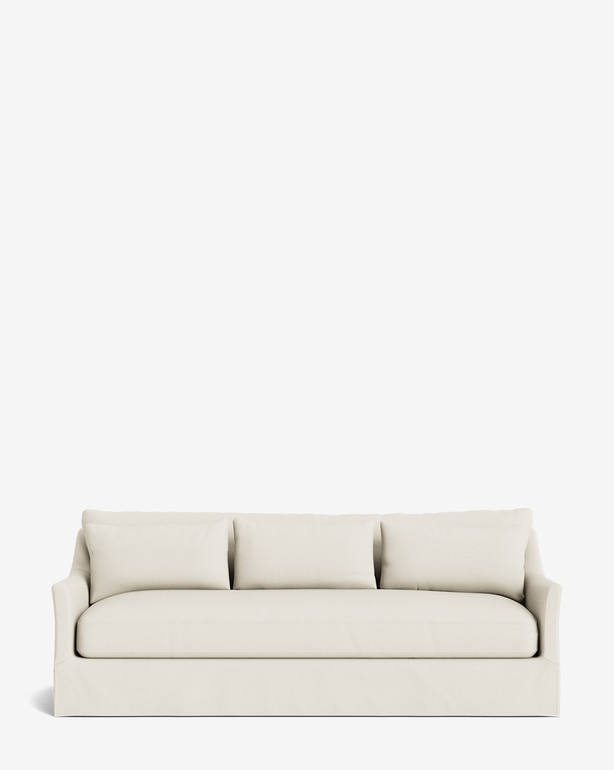 The Wilhelmina Deep Slipcover Sofa (85-110) is a modern, deep sofa in off-white fabric with three large back cushions and gently curved armrests. Its clean, simple design stands out against a plain white background, by McGee & Co.