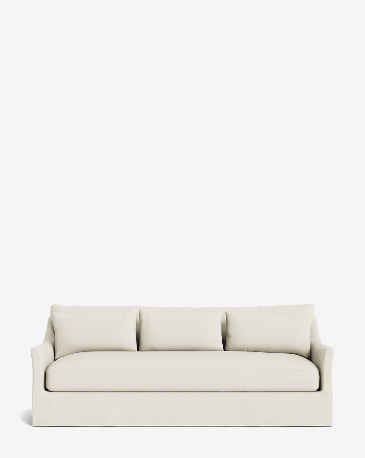 The Wilhelmina Deep Slipcover Sofa (85-110) features a modern white design with three back cushions, a plush seat, and a skirted base, shown against a plain white background by McGee & Co.