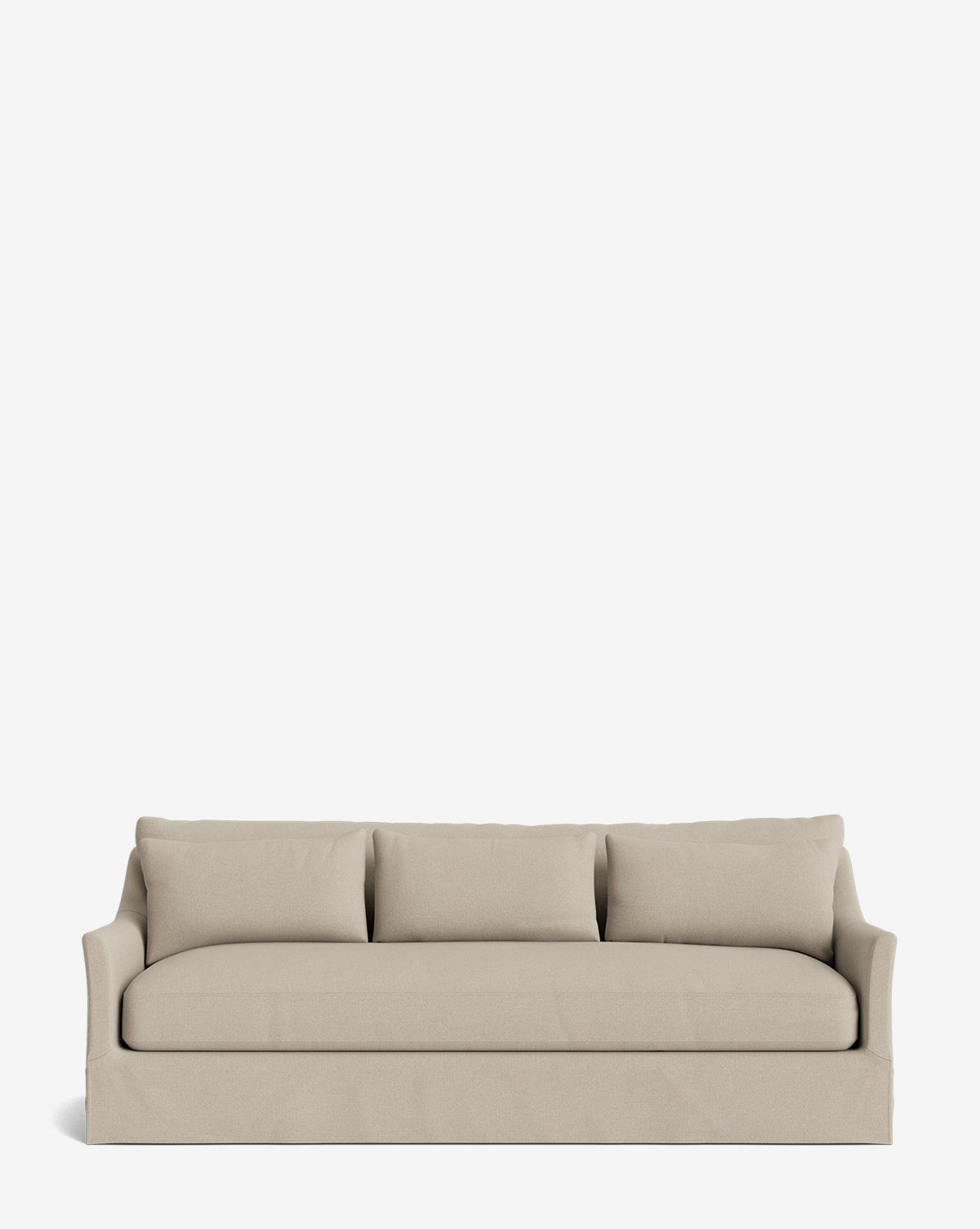 The Wilhelmina Classic Slipcover Sofa (85-110) features a beige skirted base, straight arms, three back cushions, and a smooth seat cushion, offering luxurious comfort against a plain white background, by McGee & Co.