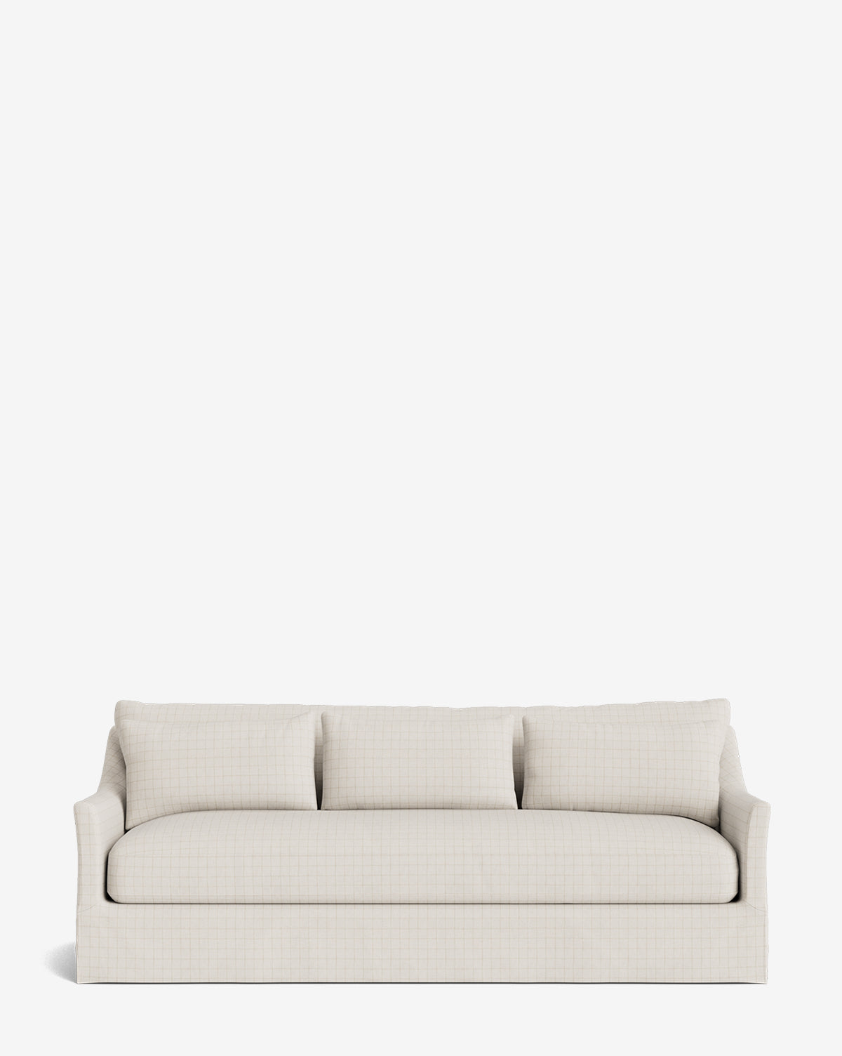 The Wilhelmina Classic Slipcover Sofa (85-110) is a light beige, three-cushion traditional sofa with overstuffed pillows and curved armrests, offering luxurious seating against a plain white background by McGee & Co.