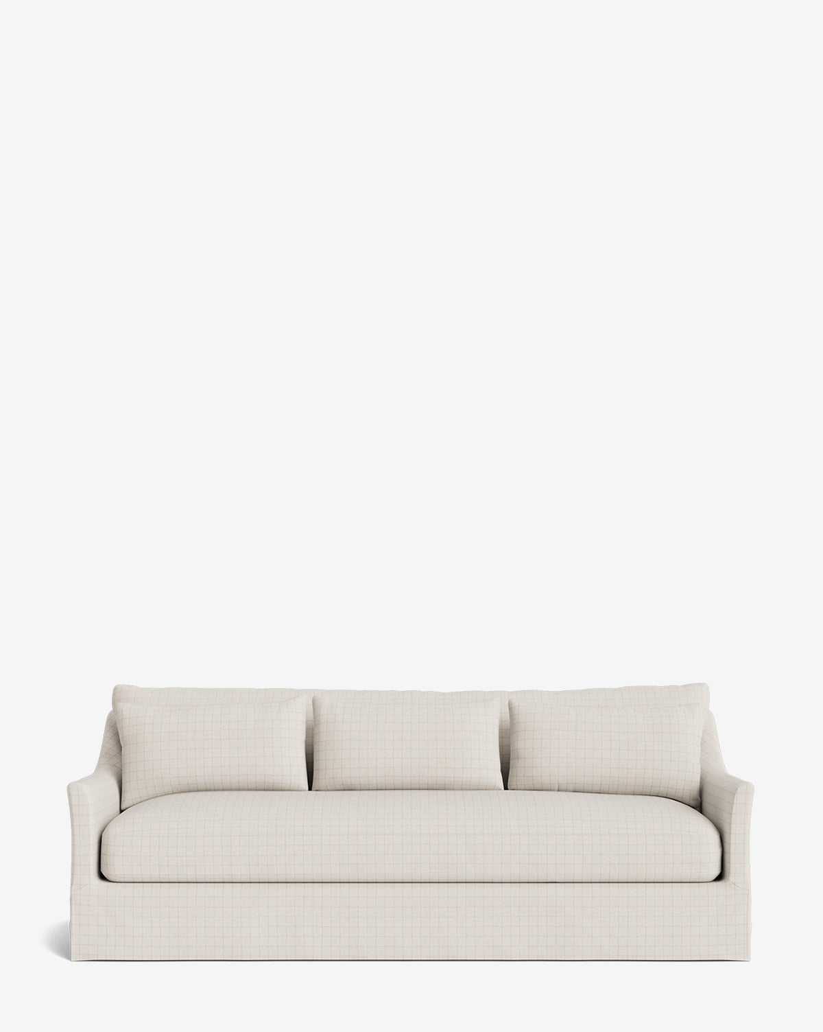 The Wilhelmina Classic Slipcover Sofa (85-110) features a modern cream color, three back cushions, and a skirted base for luxurious seating, elegantly displayed against a plain white background by McGee & Co.