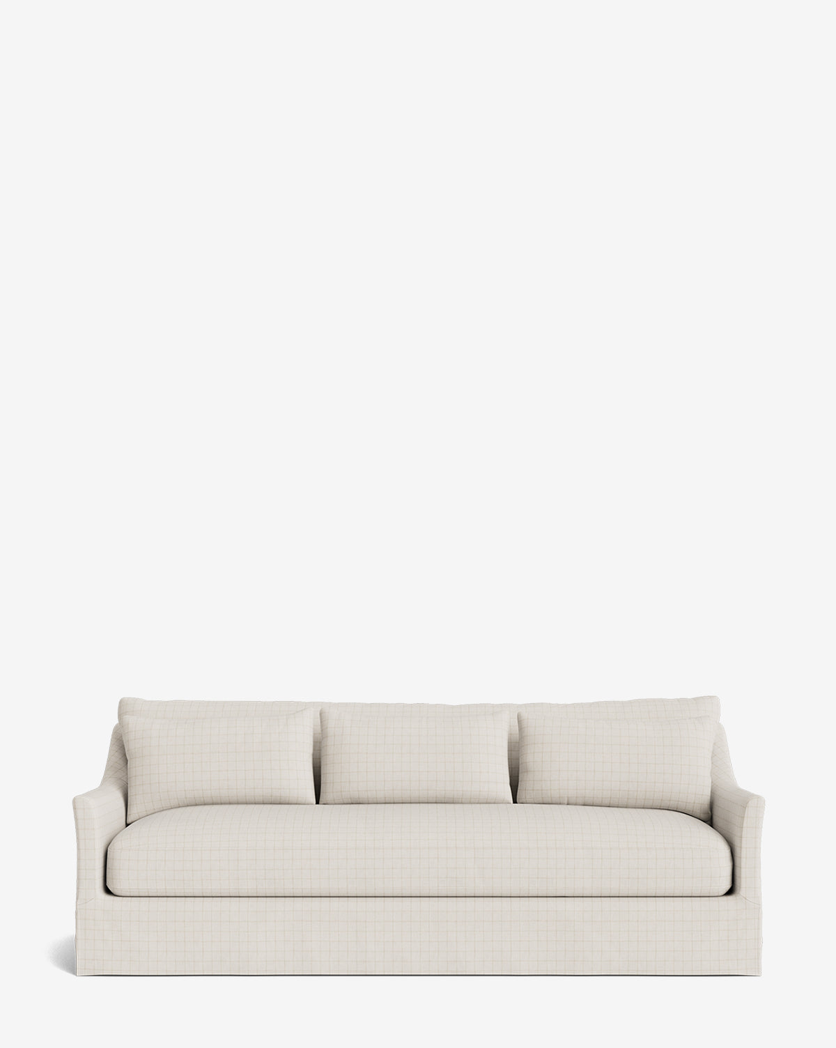 The Wilhelmina Deep Slipcover Sofa (85-110) in beige features three large back cushions and a skirted base, offering luxurious seating for three against a plain white background, by McGee & Co.