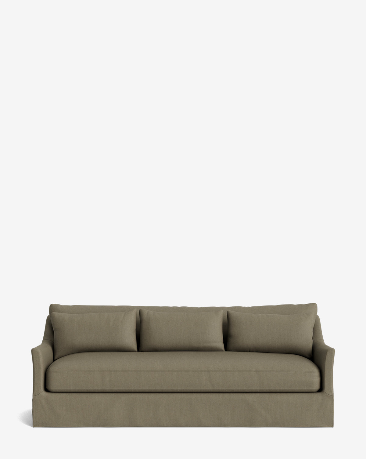 The Wilhelmina Classic Slipcover Sofa (85-110) features greenish-gray upholstery, three back cushions, square arms, and a skirted base for a luxurious traditional look, shown against a plain white background by McGee & Co.