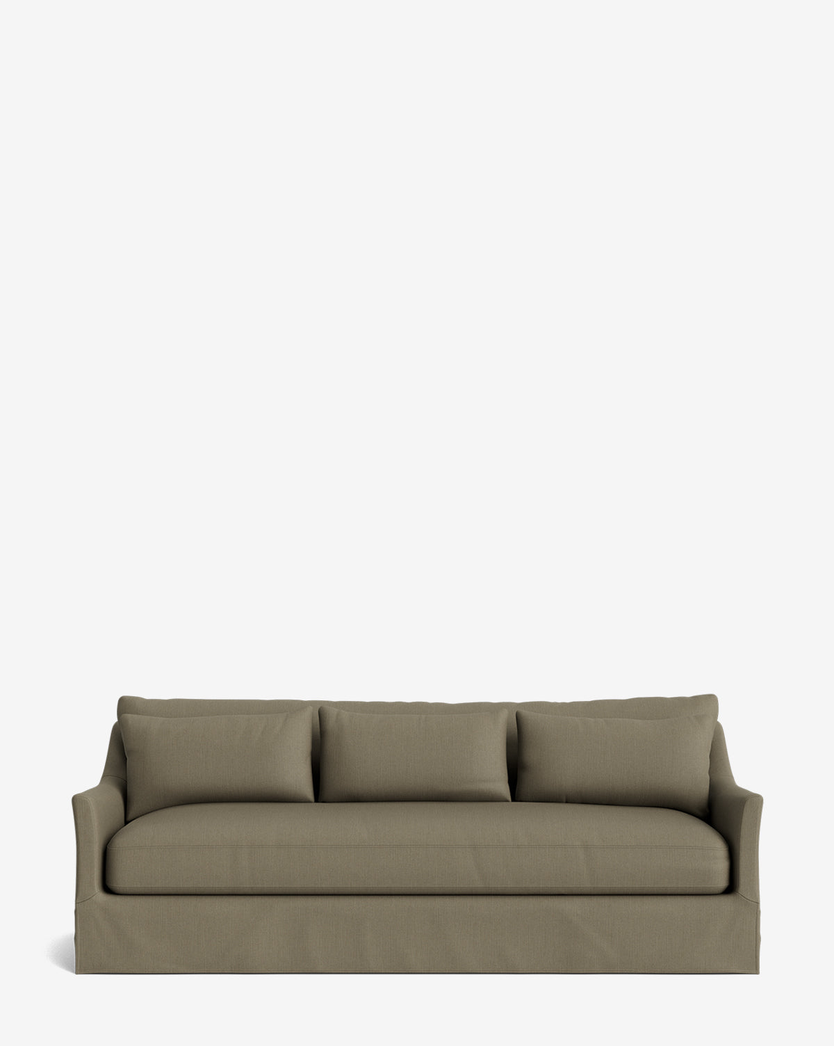 The Wilhelmina Deep Slipcover Sofa (85-110) in modern olive-green features three seat cushions and three matching back pillows, shown from the front on a plain white background, by McGee & Co.