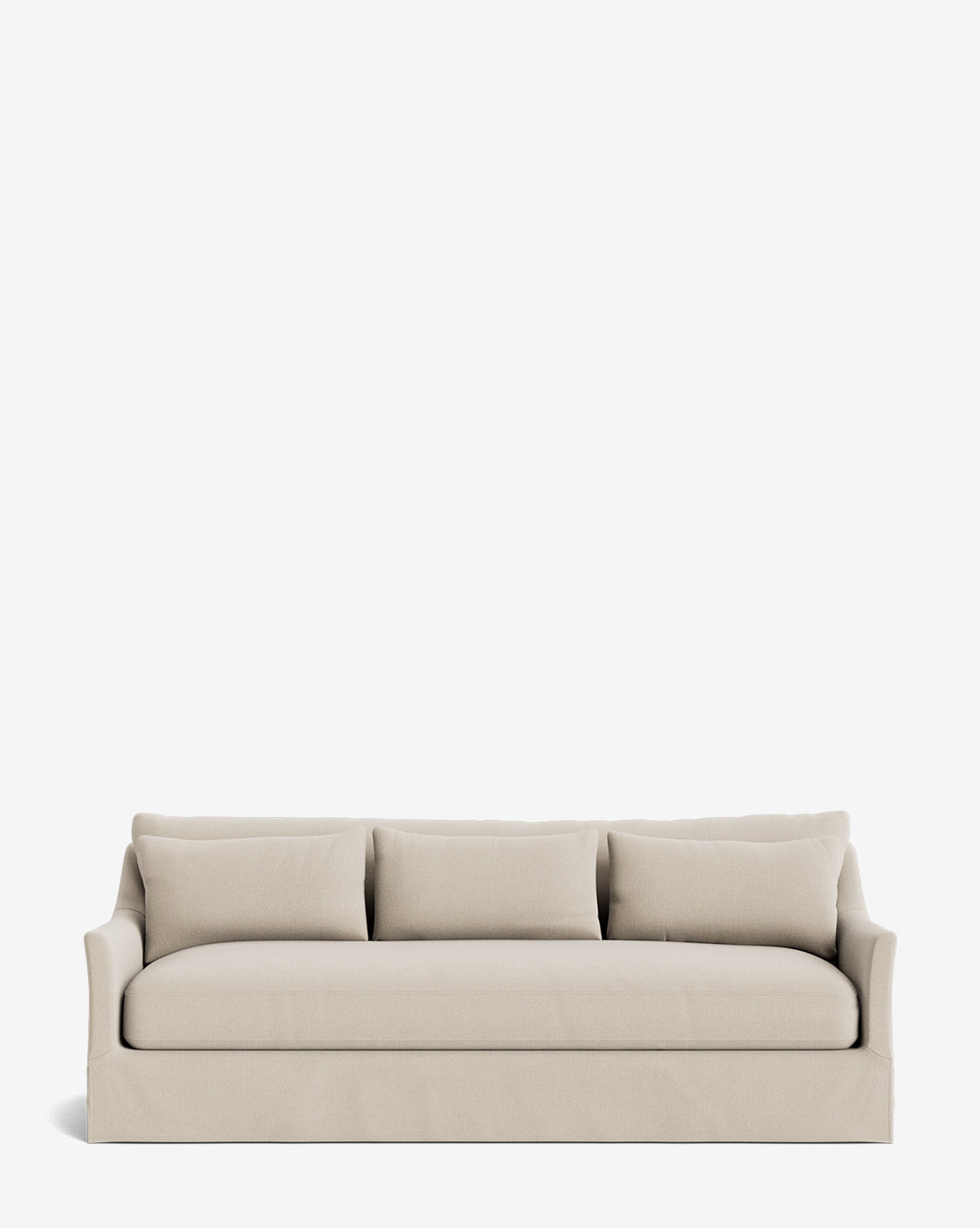 The Wilhelmina Classic Slipcover Sofa (85-110) features a modern beige design with three back cushions and a skirted base, offering luxurious seating for any living space against a plain white background, by McGee & Co.