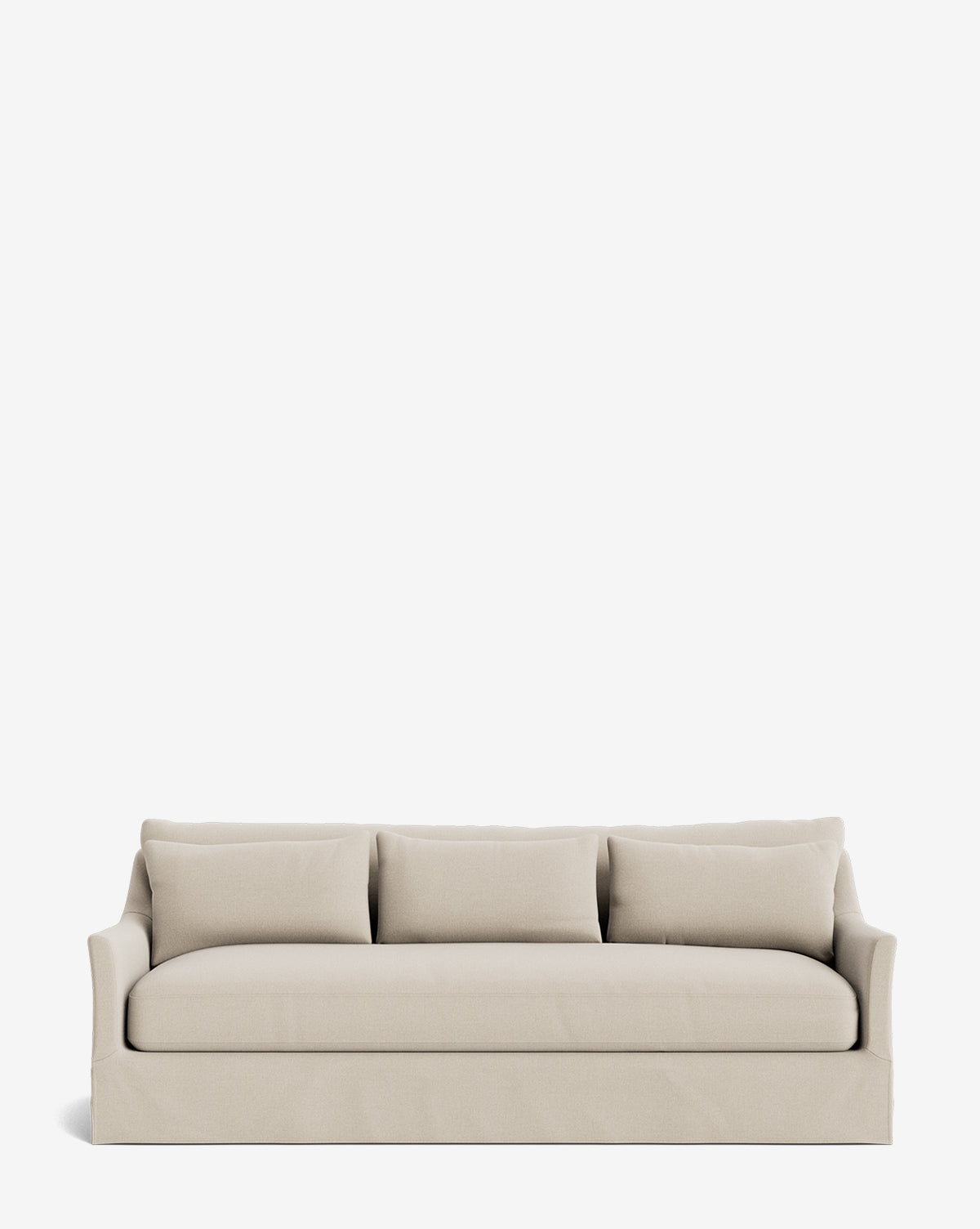 The Wilhelmina Deep Slipcover Sofa (85-110) in beige, featuring three matching back cushions, soft rounded arms, and a tailored fabric cover, offers a simple modern design for a luxurious seating experience against any backdrop, by McGee & Co.