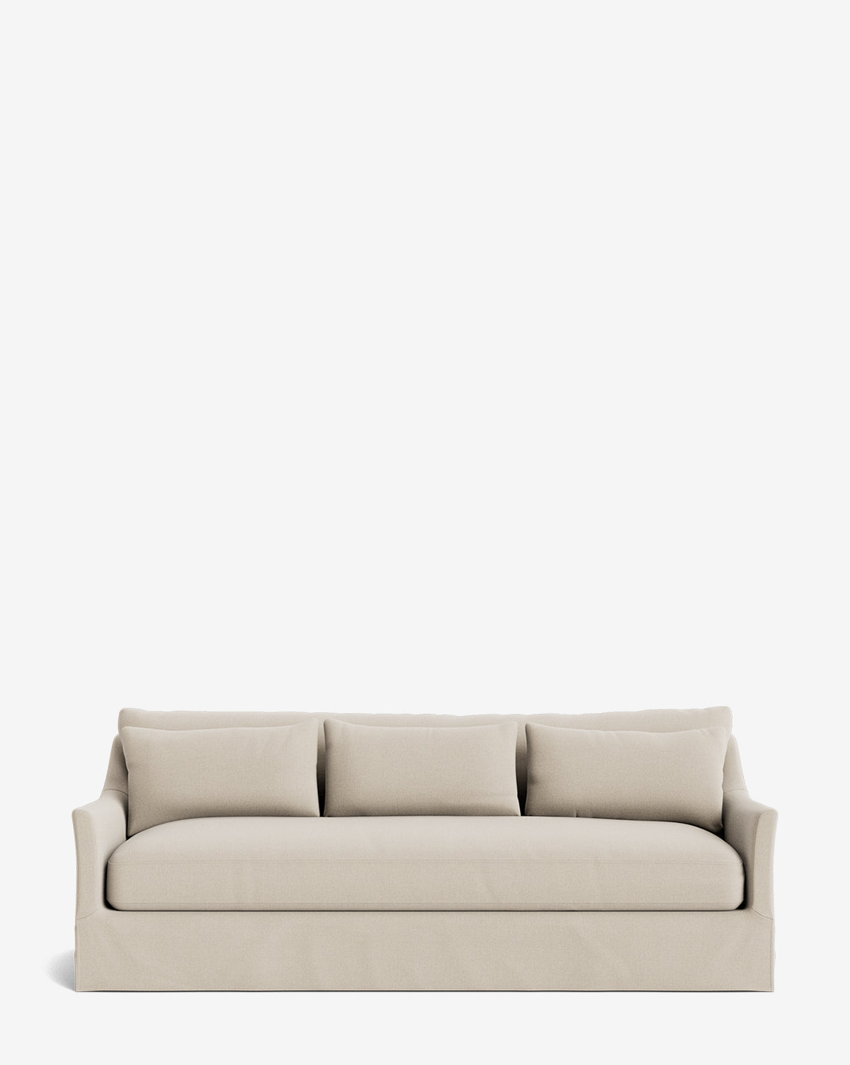The Wilhelmina Deep Slipcover Sofa (85-110) features a light beige hue, three back cushions, and slightly flared armrests, shown against a plain white background, by McGee & Co.