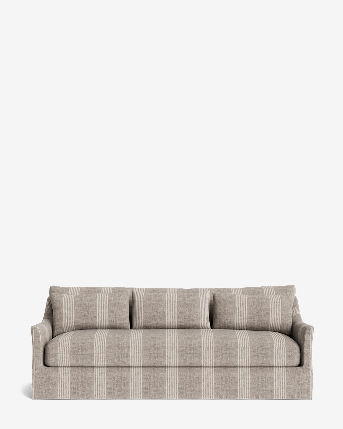The Wilhelmina Deep Slipcover Sofa (85-110) features a beige fabric with white vertical stripes, three deep seat cushions, and softly curved armrests, shown against a plain white background by McGee & Co.