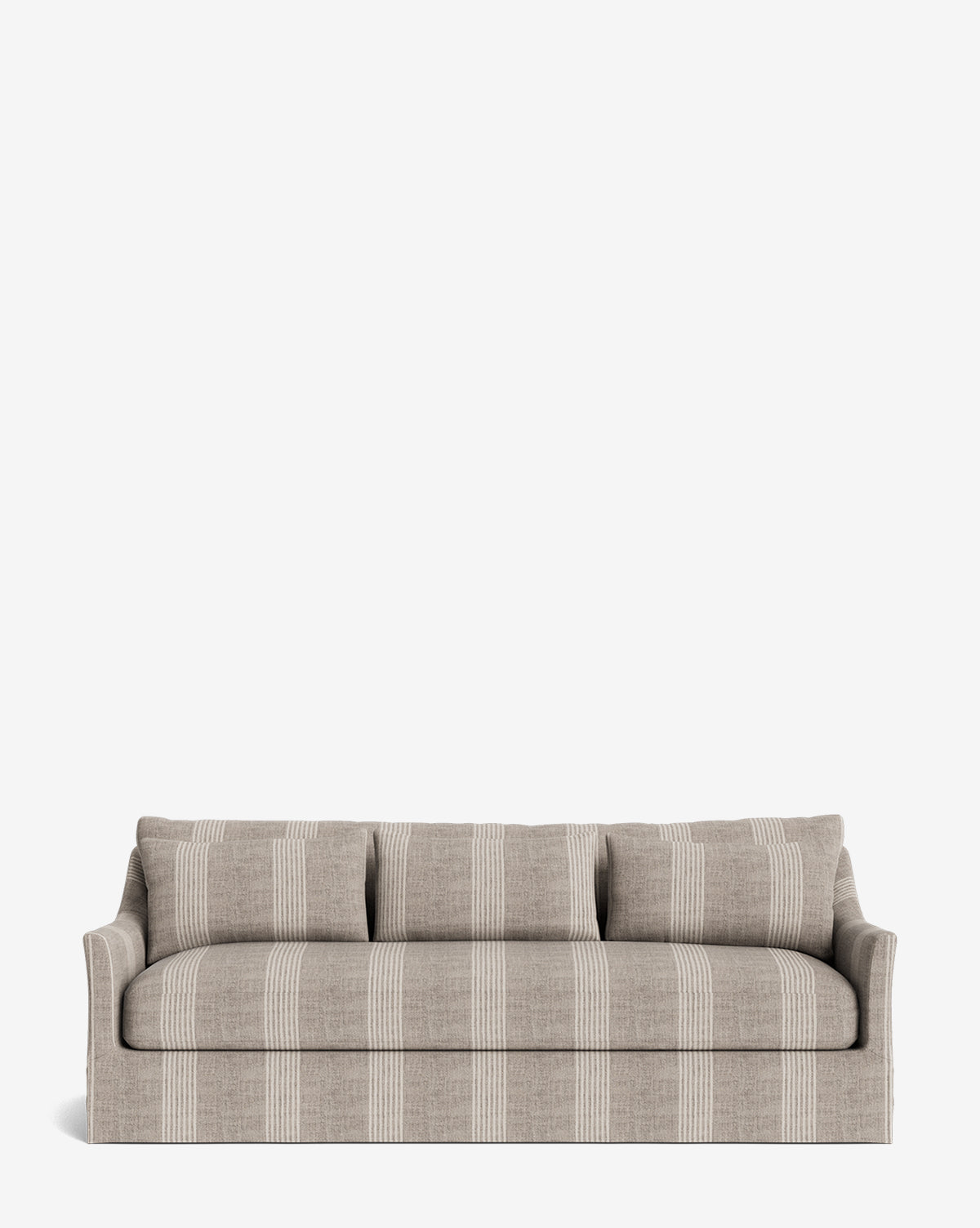 The Wilhelmina Deep Slipcover Sofa (85-110) is a beige sofa with wide armrests and three cushions, showcasing vertical and horizontal white stripes, set against a plain white background by McGee & Co.