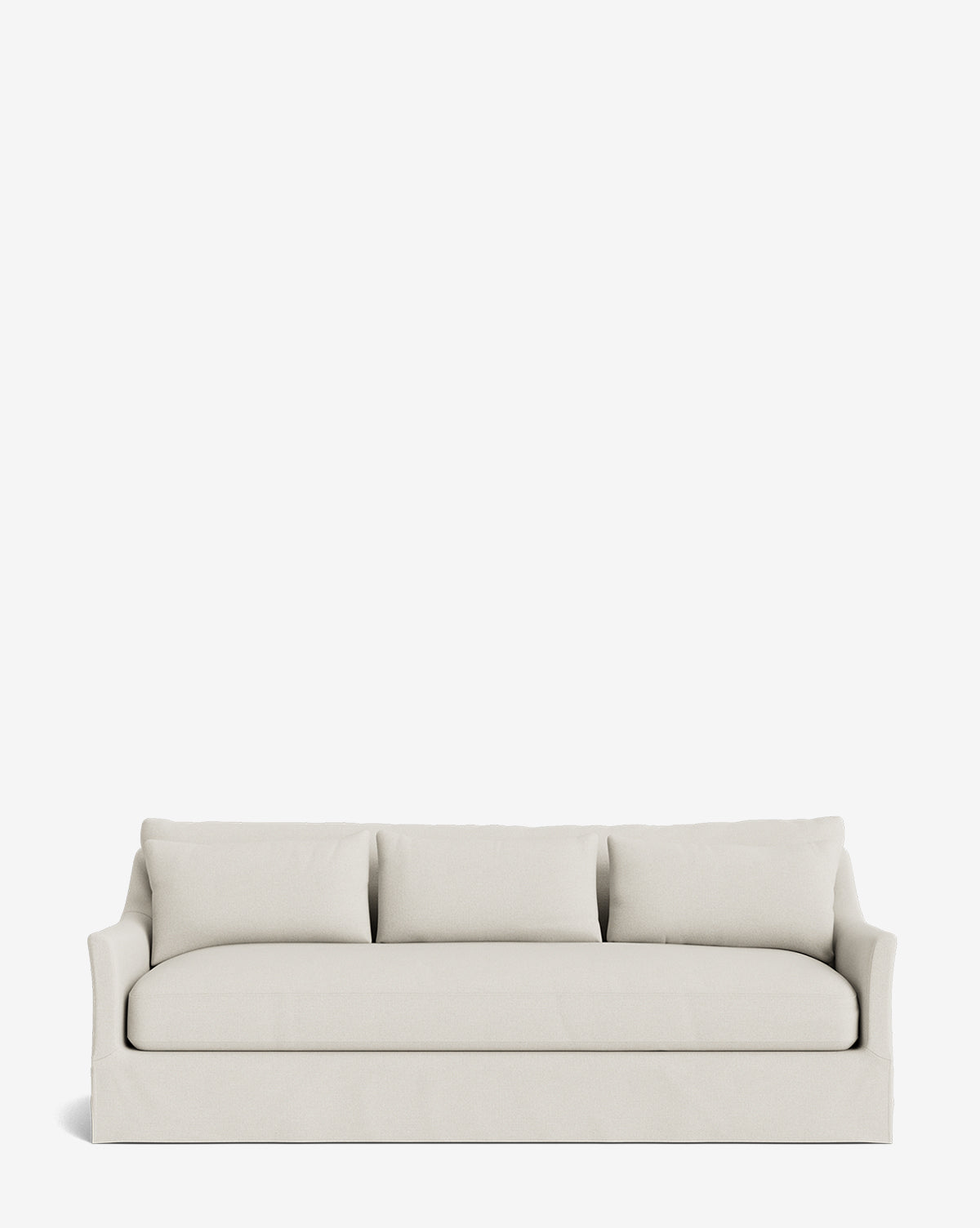 The Wilhelmina Classic Slipcover Sofa (85-110) features a modern, minimalist cream design with three plush seat cushions and low, slightly flared arms, shown against a plain white background by McGee & Co.