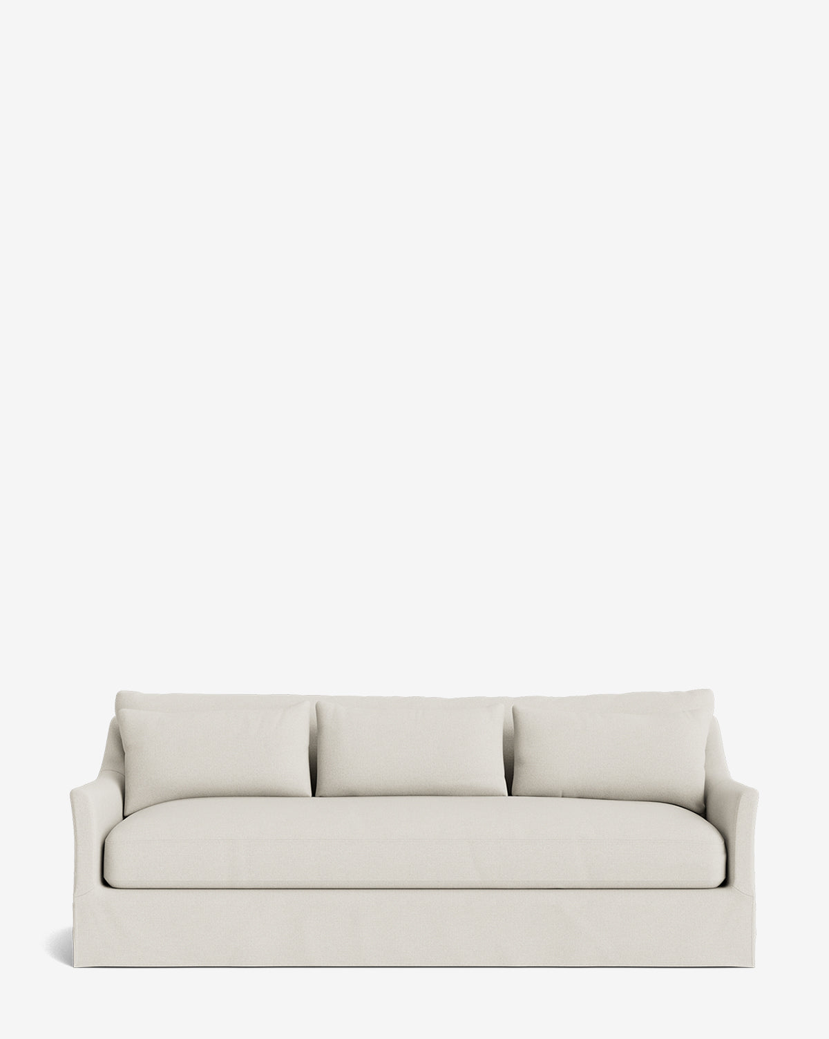 The Wilhelmina Classic Slipcover Sofa (85-110) is a modern, light beige sofa with three seat cushions, three backrest pillows, and slightly curved armrests, shown against a white background by McGee & Co.