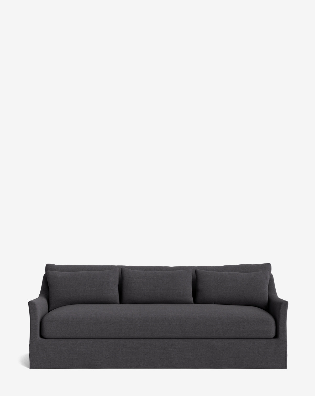 The Wilhelmina Deep Slipcover Sofa (85-110) in dark gray features three matching back cushions and gently curved armrests, providing a luxurious seat against a plain white background, by McGee & Co.
