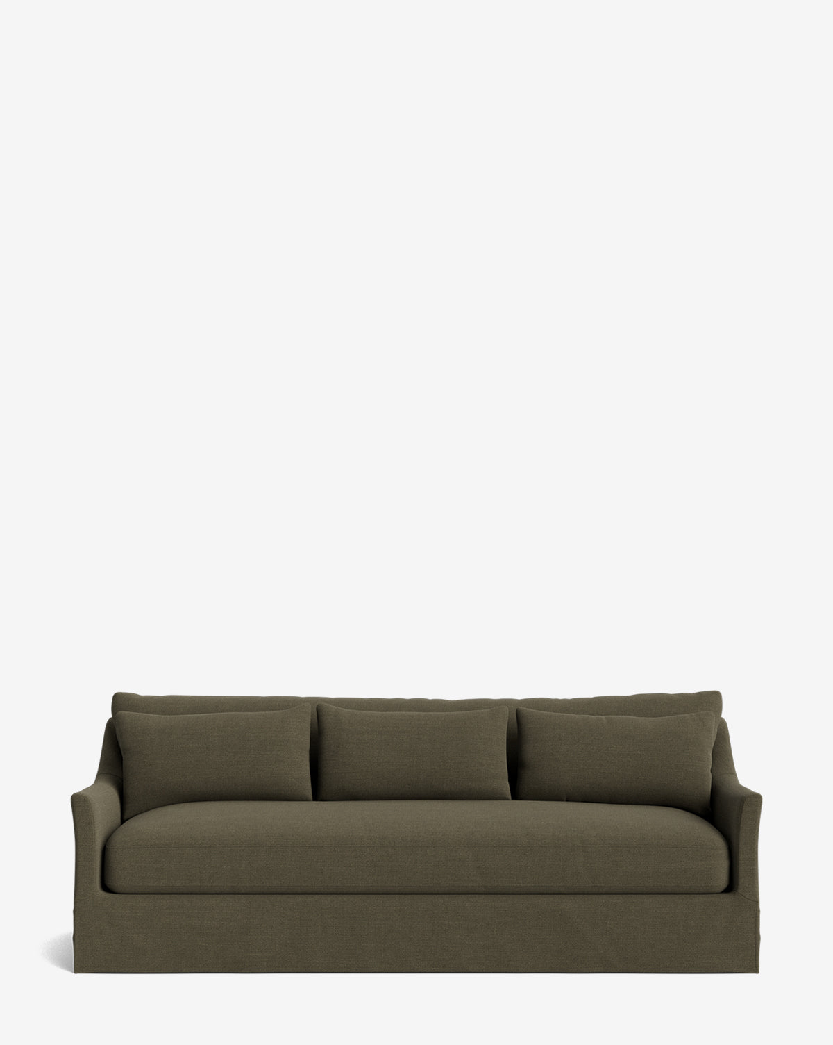The Wilhelmina Deep Slipcover Sofa (85-110) in dark olive green features a skirted base and three back cushions, providing luxurious seating for three, shown here against a plain white background, by McGee & Co.