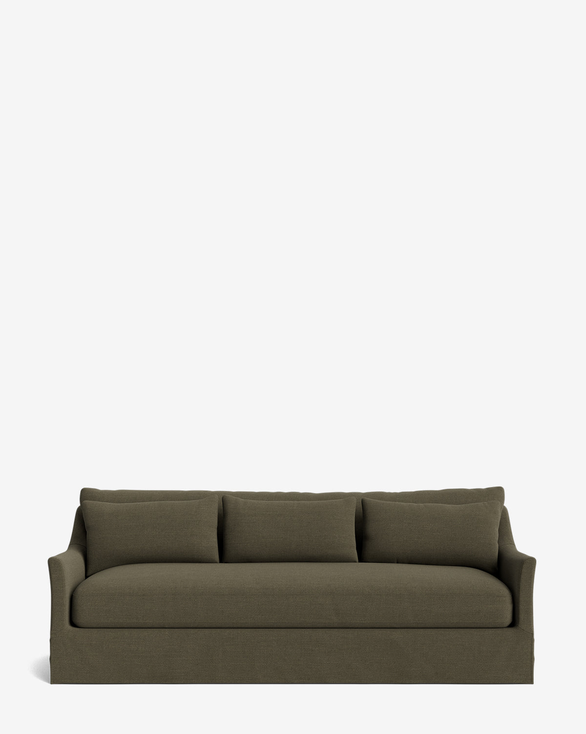 The Wilhelmina Deep Slipcover Sofa (85-110) in dark olive green features three seat cushions, matching back pillows, slightly flared arms, and a tailored skirt for a luxurious look against a plain white background by McGee & Co.