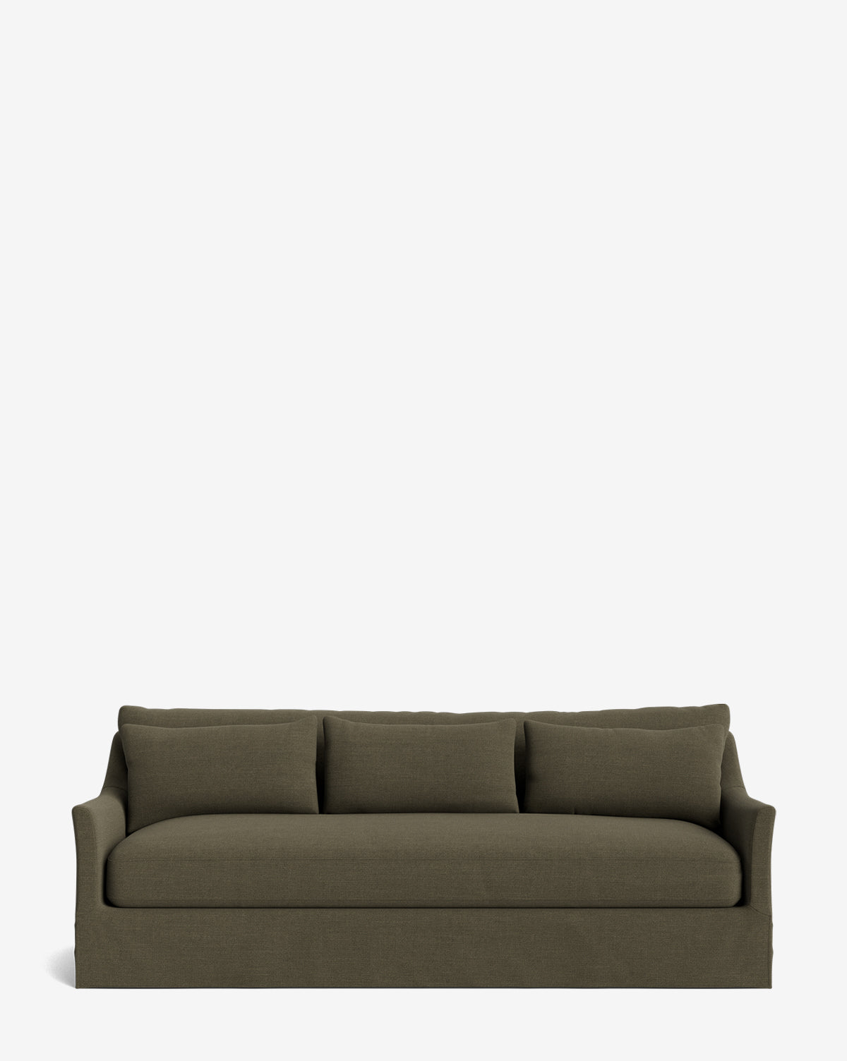The Wilhelmina Deep Slipcover Sofa (85-110) in dark olive green features three seat cushions and matching backrest pillows, offering a luxurious seating experience against a plain white background, by McGee & Co.