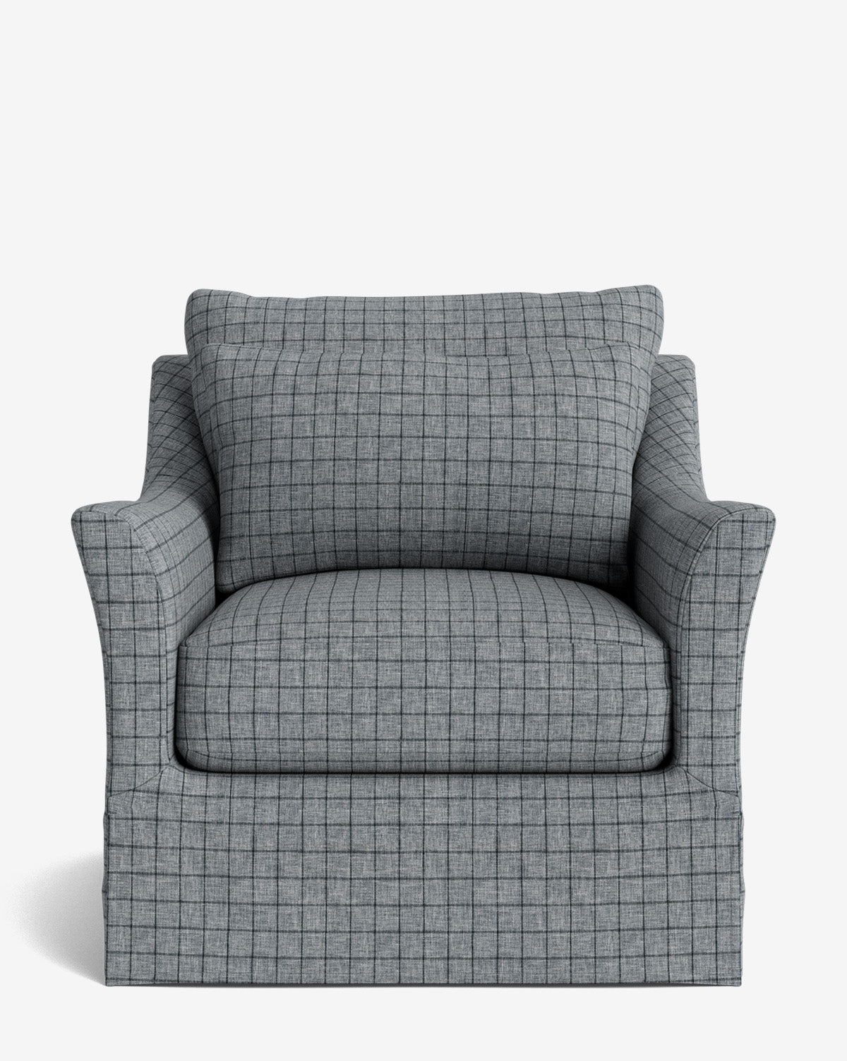 The Wilhelmina Slipcover Swivel Lounge Chair is a gray, checkered upholstered chair with a cushioned seat, matching back cushion, and flared arms in premium fabric, shown against a plain white background by McGee & Co.