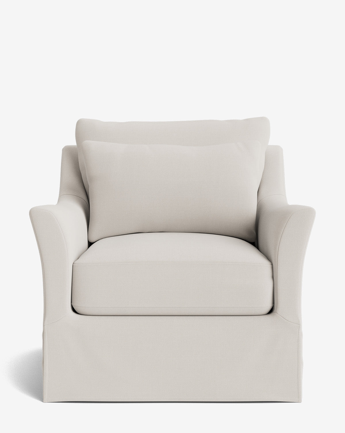 The Wilhelmina Slipcover Swivel Lounge Chair is a plush, light beige chair featuring a wide seat, soft back cushion, and gently curved armrests, shown from the front against a plain white background by McGee & Co.