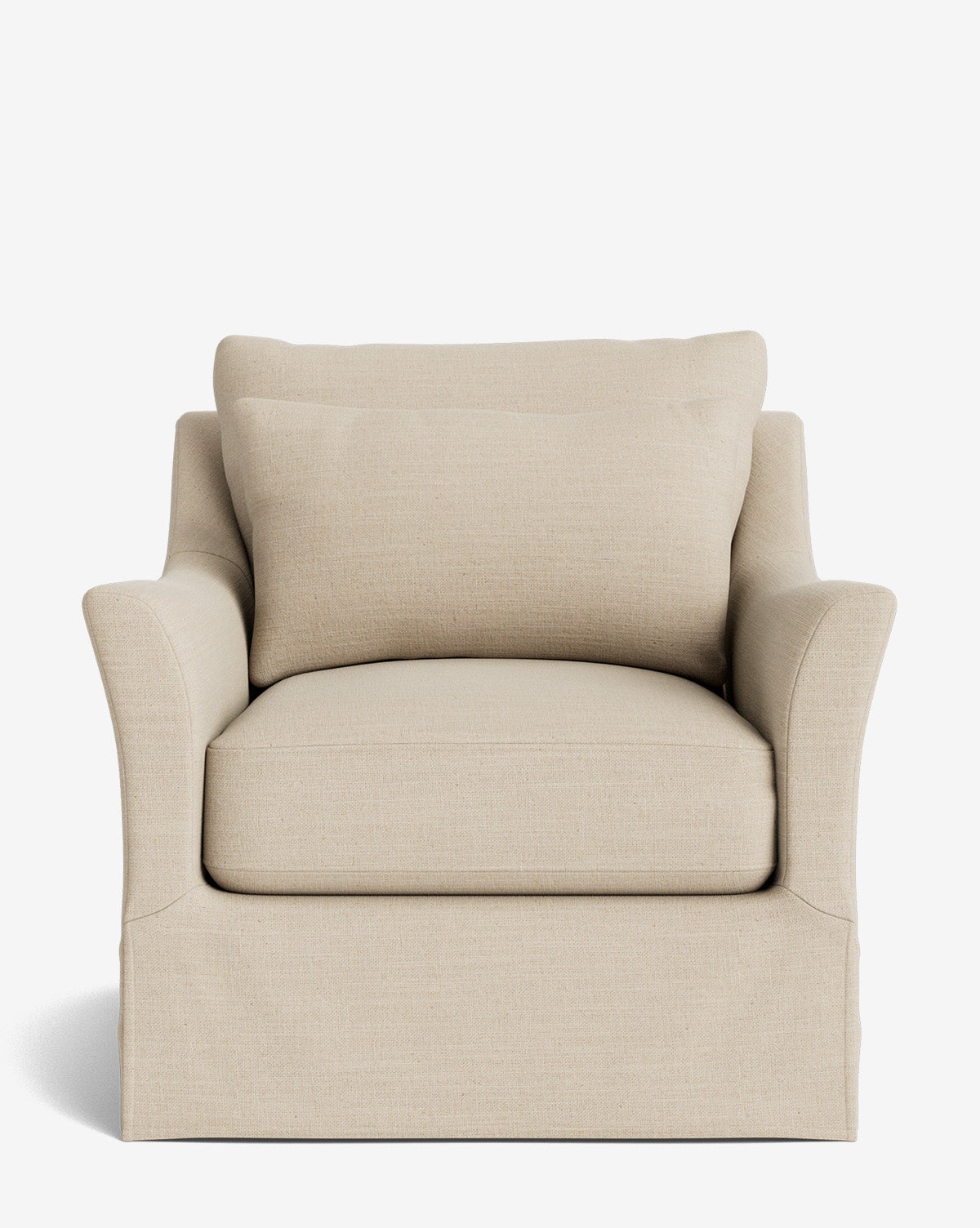 The Wilhelmina Slipcover Swivel Lounge Chair features a beige traditional design with a loose back cushion, flared arms, and a tailored skirt in high-quality fabric, showcased against a white background by McGee & Co.