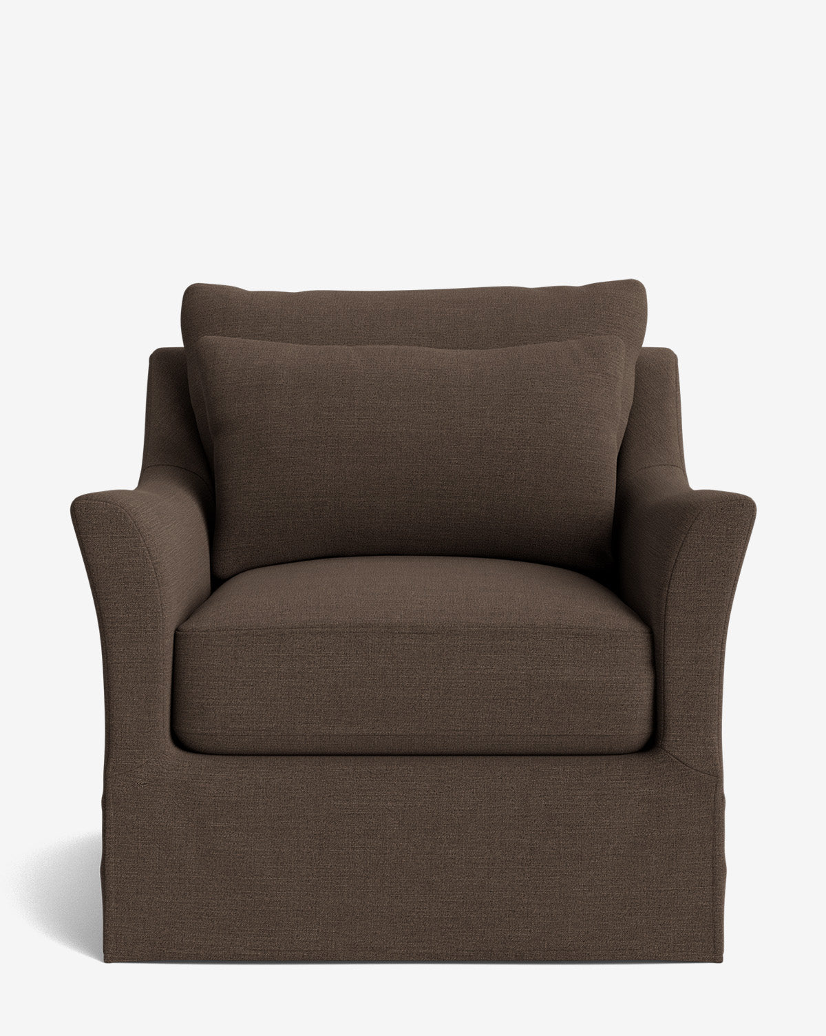 Front view of the Wilhelmina Slipcover Swivel Lounge Chair, upholstered in high-quality fabric with curved arms, cushioned seat, and matching back pillow, shown against a plain white background by McGee & Co.