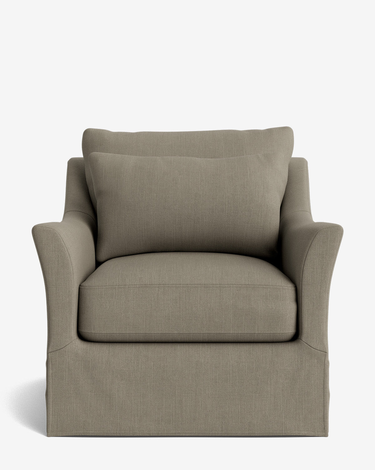 A front-facing view of the Wilhelmina Slipcover Swivel Lounge Chair, featuring modern design, light taupe upholstery, a loose back cushion, and slightly flared arms, set against a plain white background by McGee & Co.