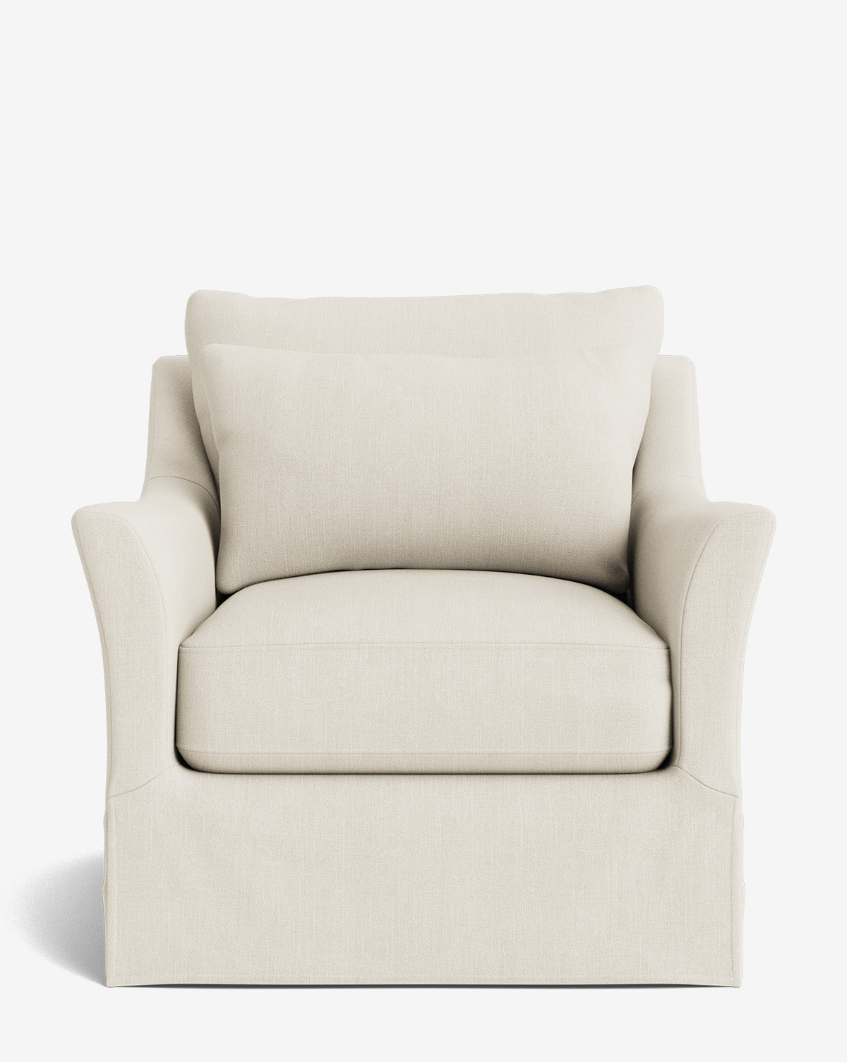 The Wilhelmina Slipcover Swivel Lounge Chair features plush cream upholstery, wide flared arms, a loose back cushion, and a tailored skirt, shown against a white background by McGee & Co.
