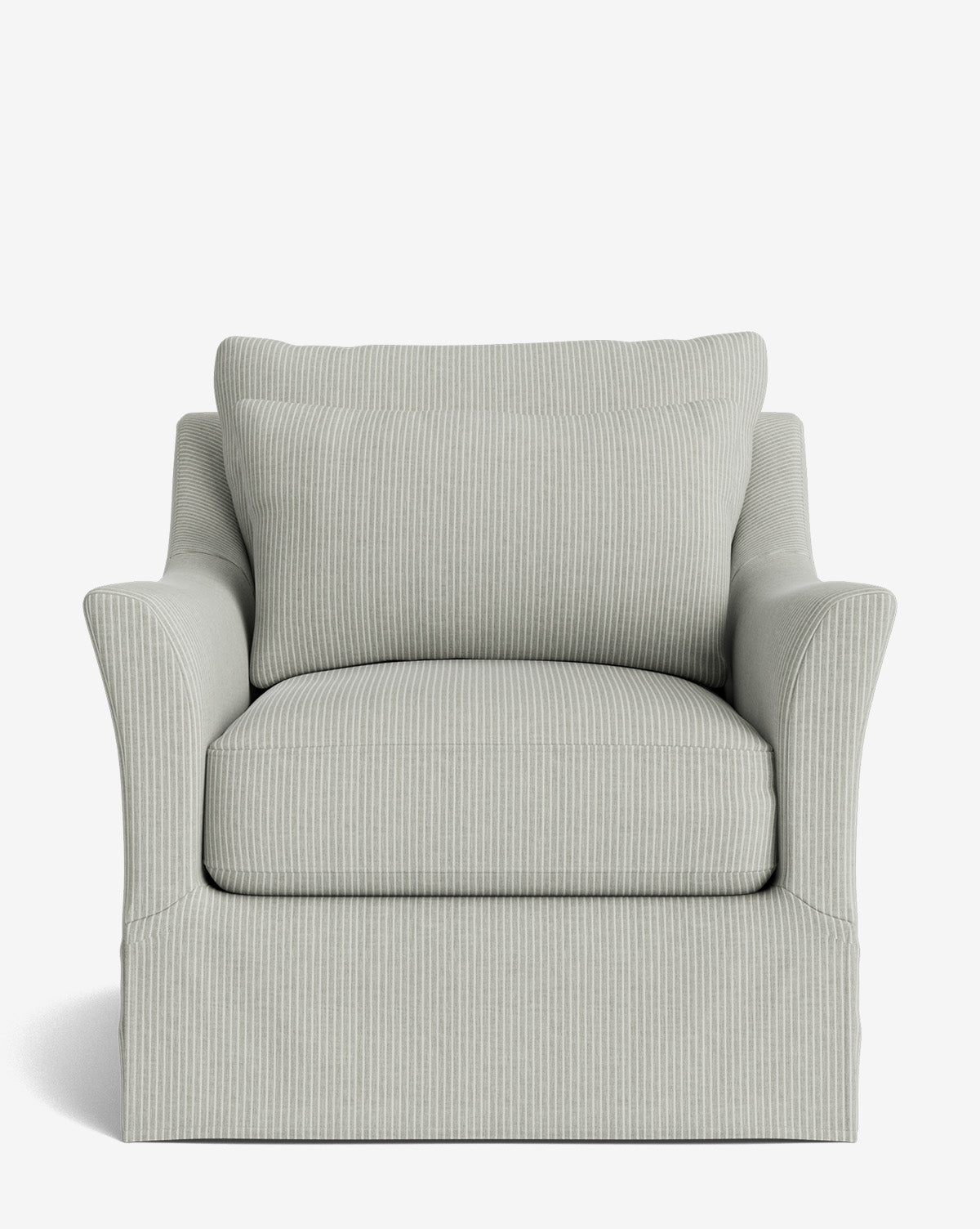 The Wilhelmina Slipcover Swivel Lounge Chair is a light gray traditional chair with subtle vertical pinstripes, plush seat and back cushions, wide armrests, high-quality fabric, and a skirted base, displayed on a plain white background by McGee & Co.