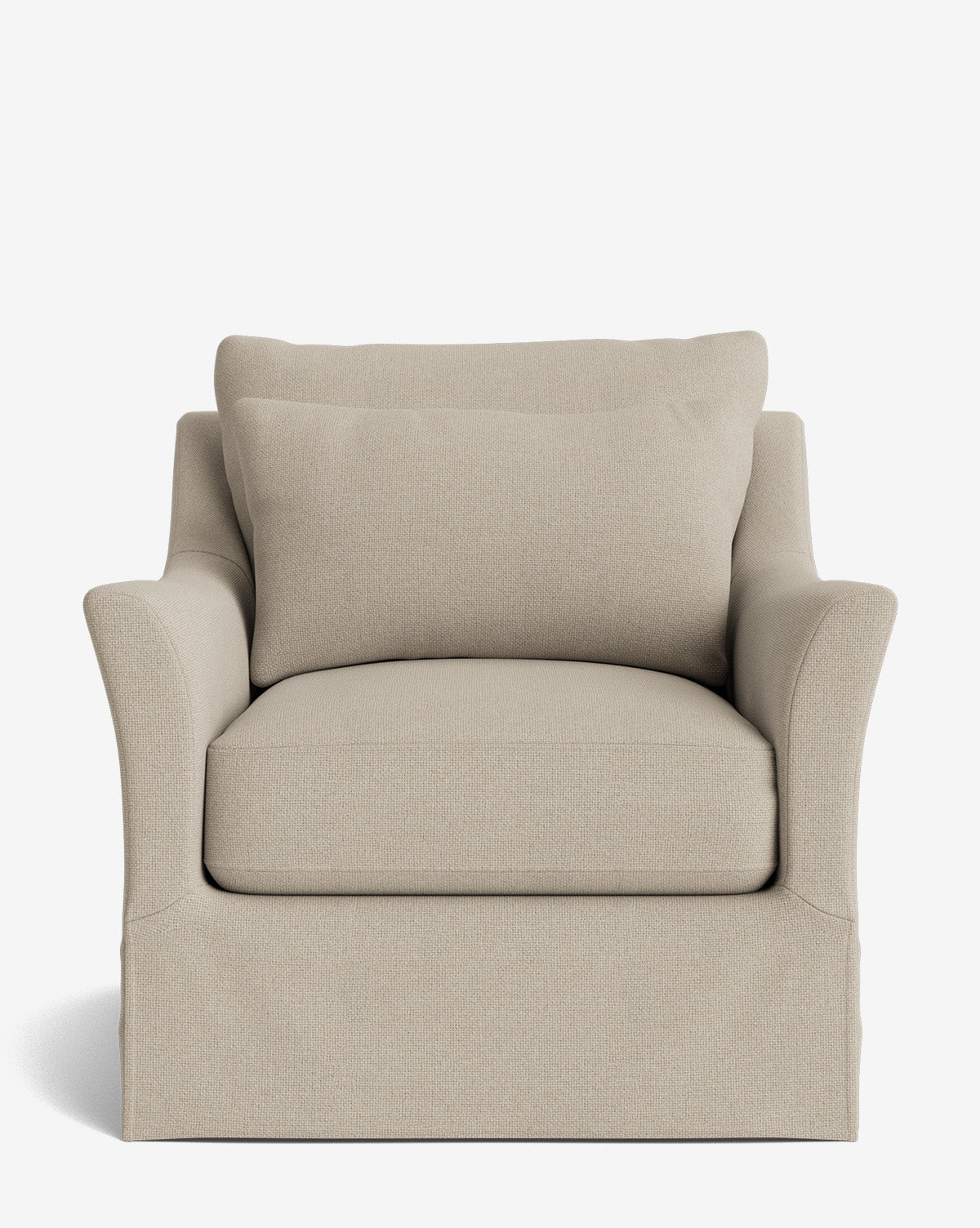 A front-facing view of the Wilhelmina Slipcover Swivel Lounge Chair in beige high-quality fabric, featuring a plush seat cushion, matching back cushion, and gently curved armrests against a plain white background, by McGee & Co.