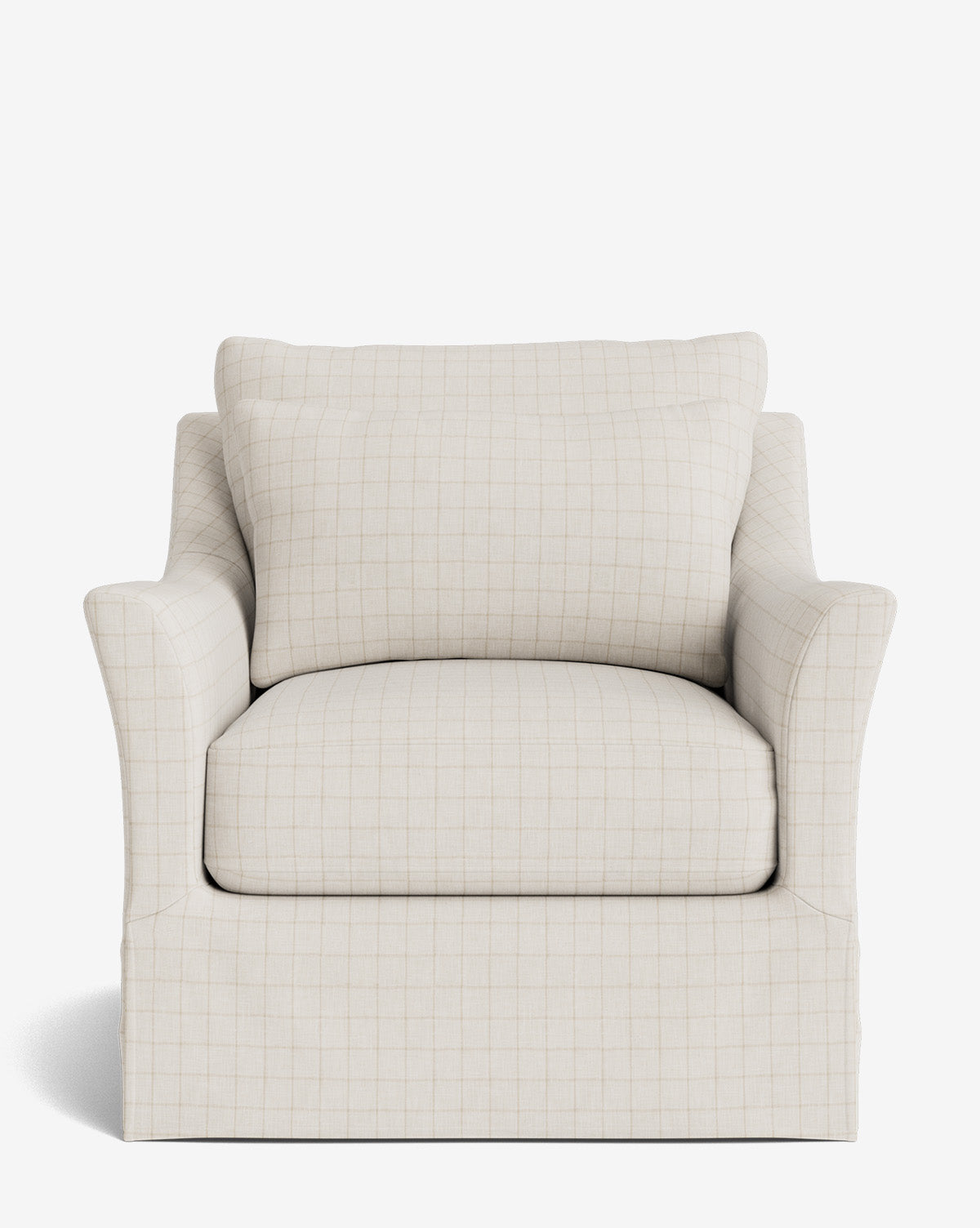 The Wilhelmina Slipcover Swivel Lounge Chair features high-quality fabric with a subtle grid pattern, a wide seat, flared arms, and a plush back cushion, all set against a plain white background by McGee & Co.