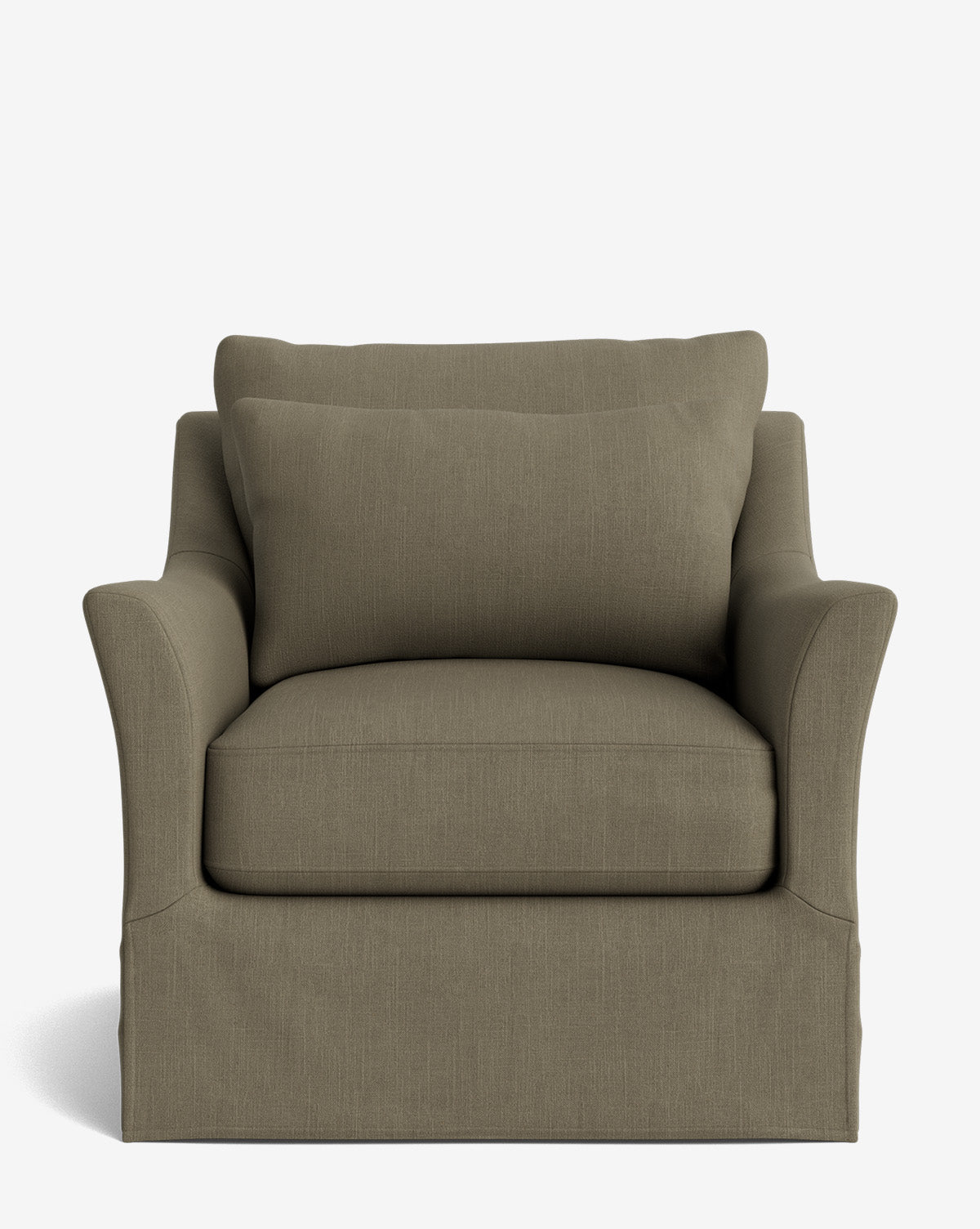 A front view of the Wilhelmina Slipcover Swivel Lounge Chair in greenish-brown high-quality fabric, featuring a cushioned seat and backrest, wide arms, and a tailored skirt over the legs, set against a plain white background, by McGee & Co.
