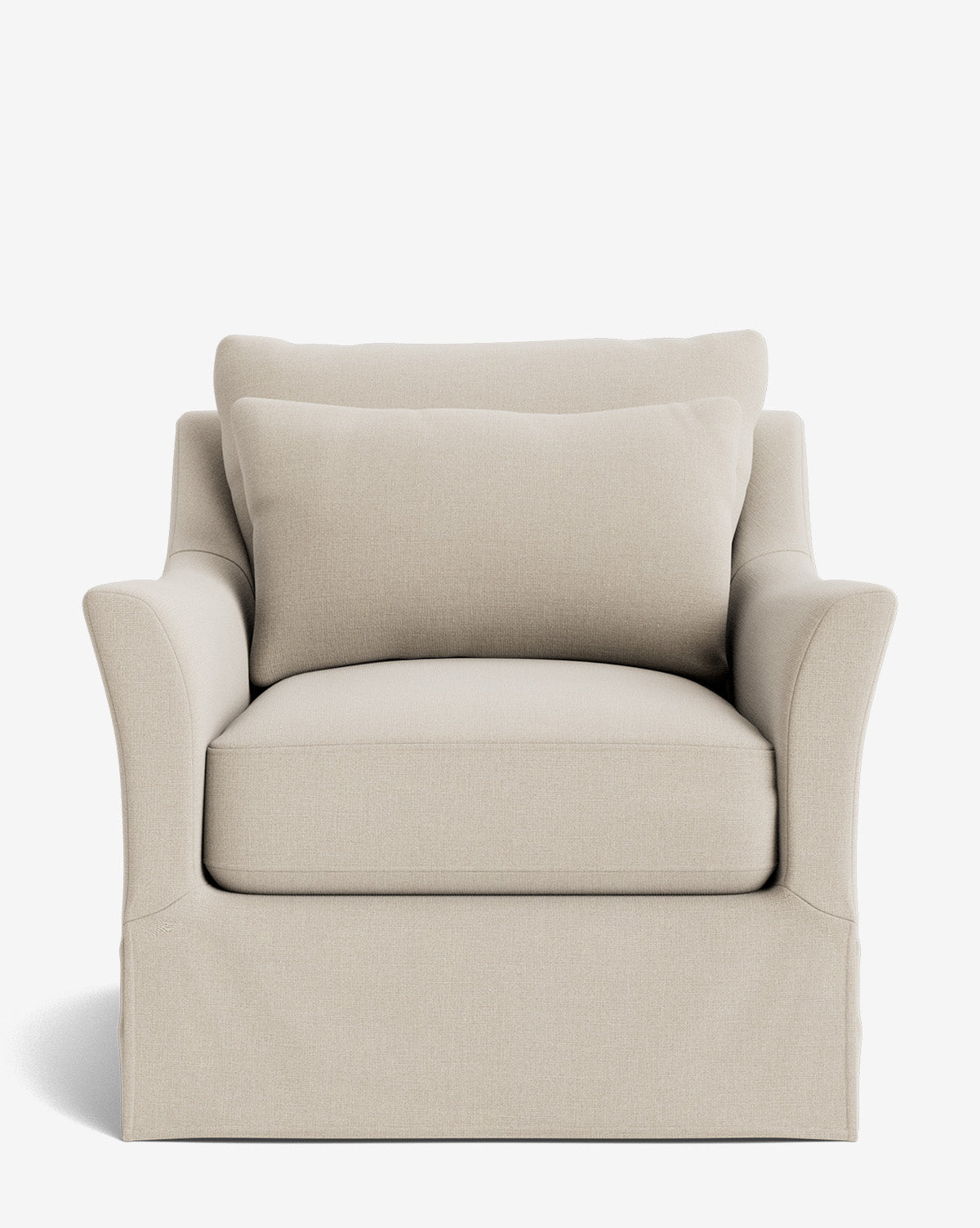 The Wilhelmina Slipcover Swivel Lounge Chair features a beige upholstered design with a deep seat, wide armrests, and a large matching back cushion, crafted from high-quality fabric and displayed against a white background, by McGee & Co.