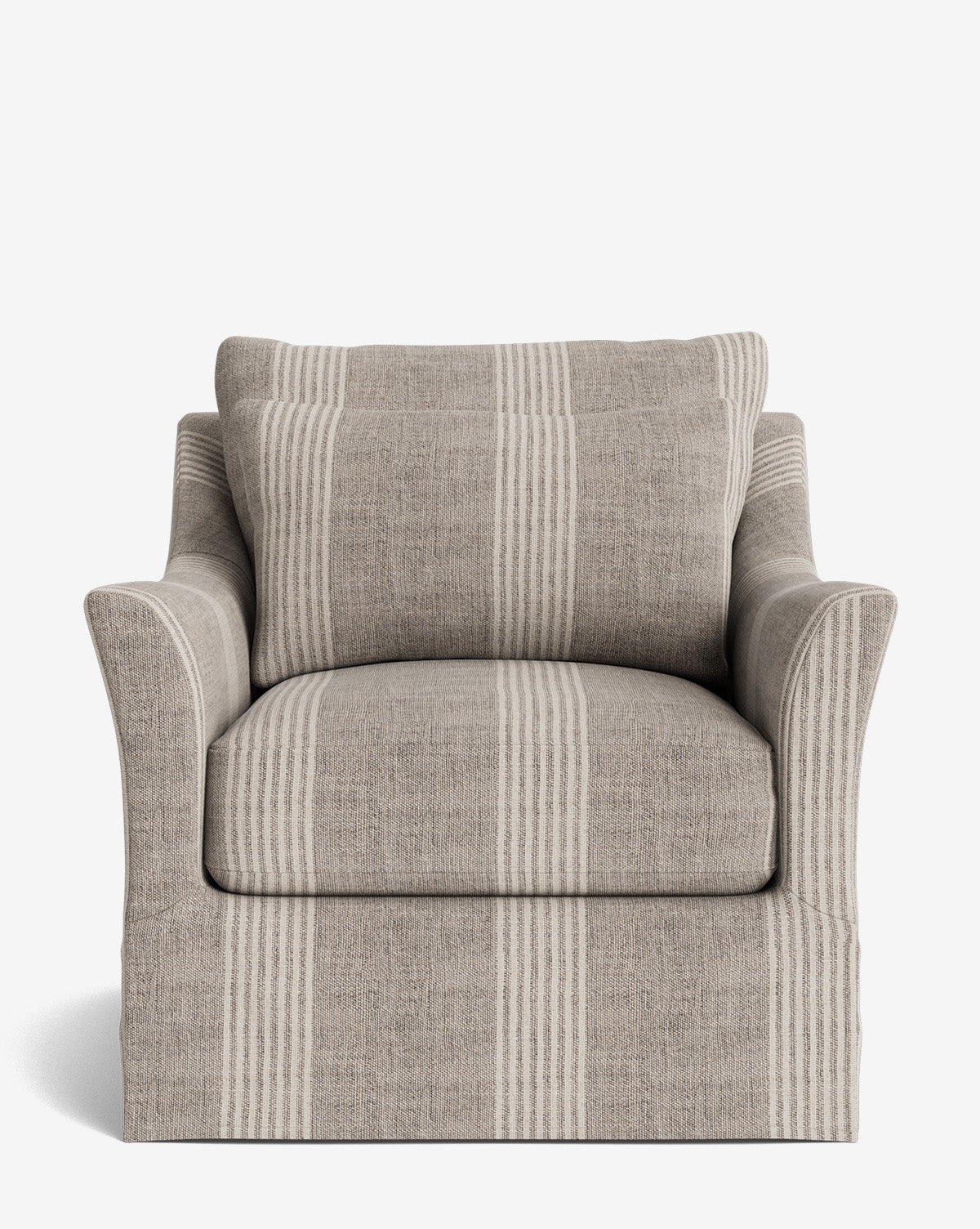 Front view of the Wilhelmina Slipcover Swivel Lounge Chair, upholstered in high-quality beige fabric with wide vertical cream stripes, featuring flared arms and a matching large back cushion, set against a white background by McGee & Co.