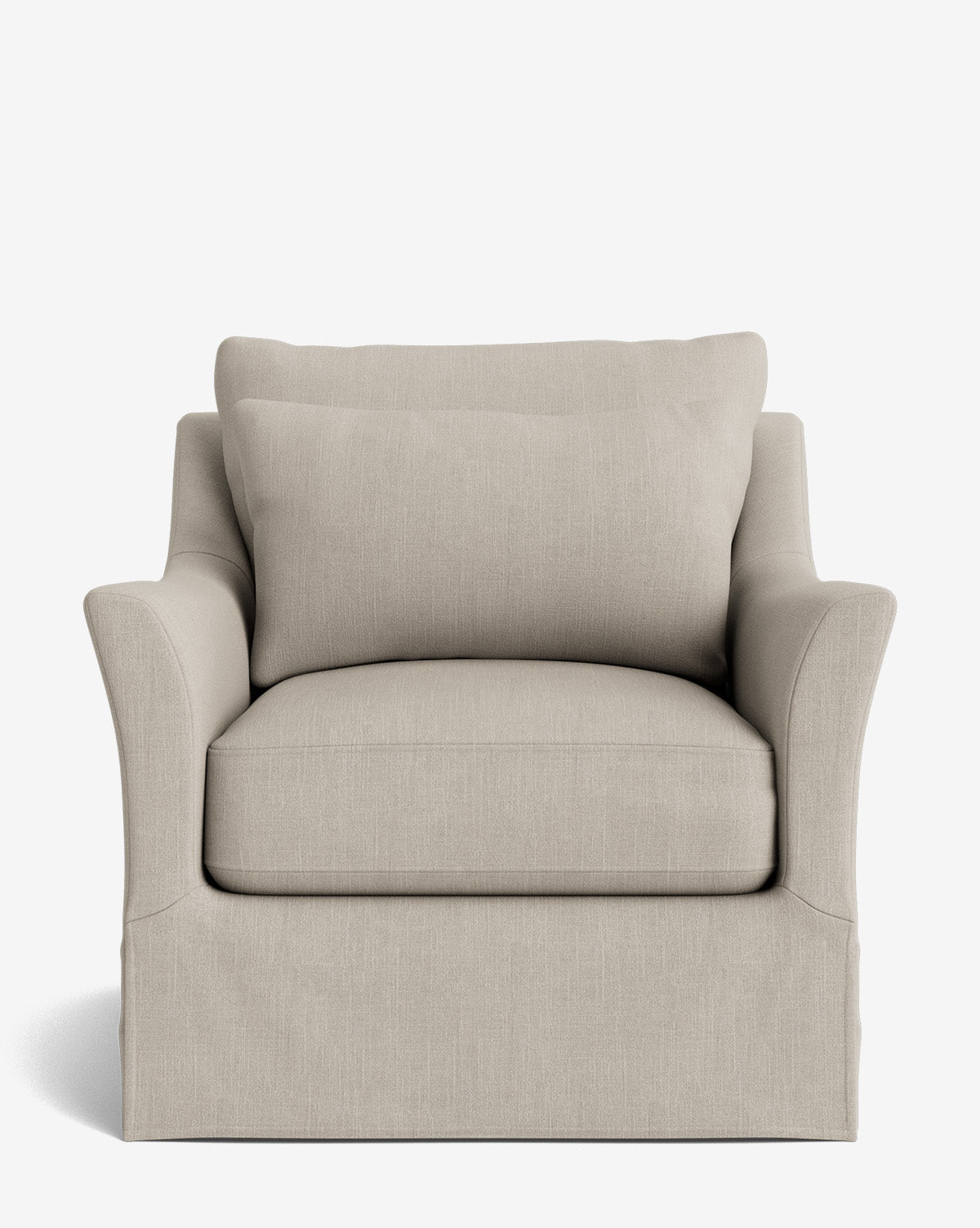 The Wilhelmina Slipcover Swivel Lounge Chair features a beige, high-quality fabric upholstery, wide seat, plush back cushion, and gently flared arms, shown against a plain white background by McGee & Co.